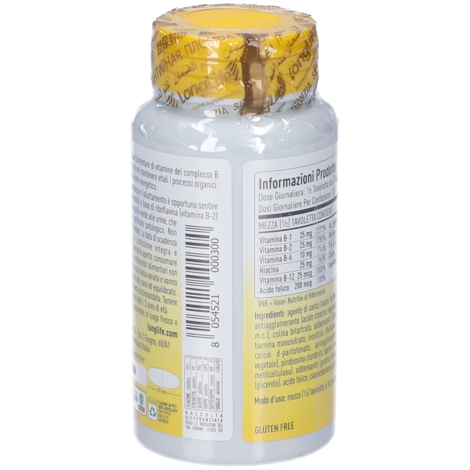 Rückseite der Flasche mit Inhaltsstoffangaben und Barcode. Gelber Deckel mit Siegel.