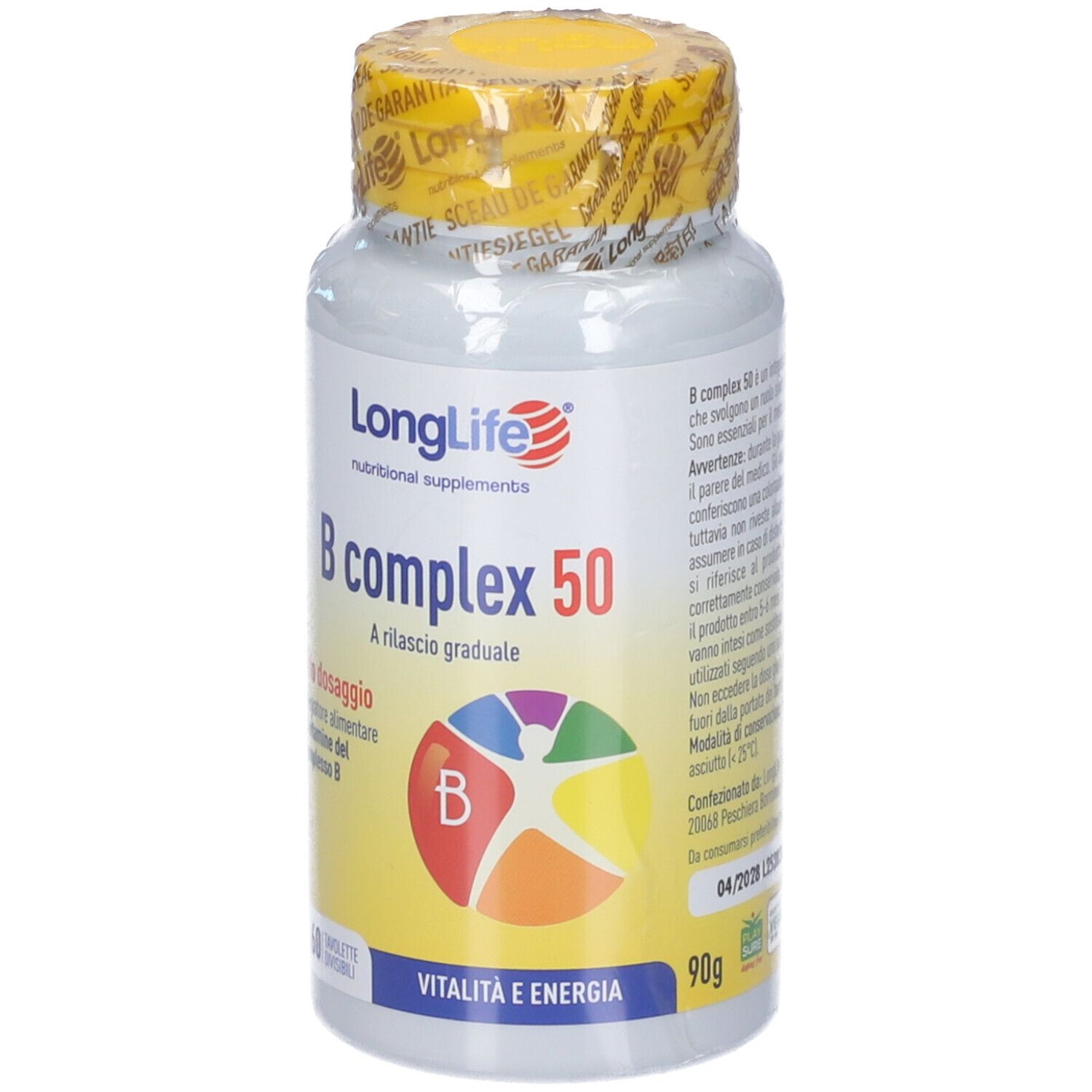 Flasche mit gelbem Etikett. Aufschrift: LongLife B complex 50. 90g. Gelber Deckel mit Siegel.