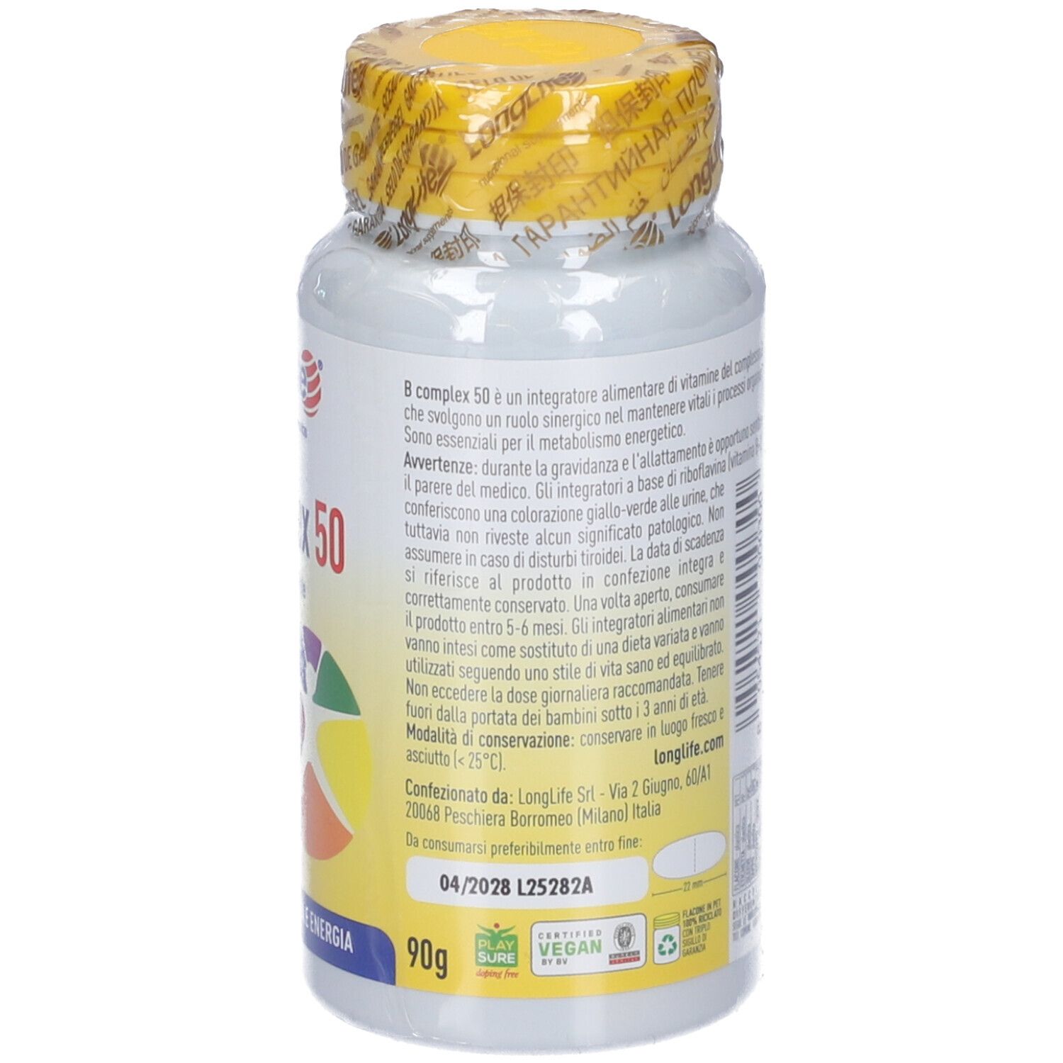 Flasche mit gelbem Etikett. Aufschrift: LongLife B complex 50. 90g. Vegan-Siegel. Gelber Deckel mit Siegel.