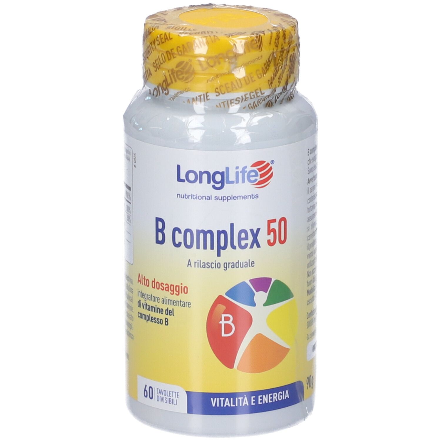 Weißes Fläschchen mit gelbem Etikett. Aufschrift: LongLife B complex 50. 60 Tabletten. Gelber Deckel mit Siegel.