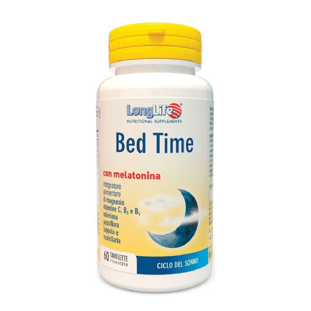 Flacone bianco con tappo giallo. Scritta: LongLife Bed Time, 60 compresse. Contiene melatonina e altri ingredienti.