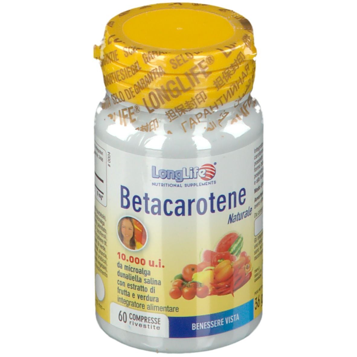 Flacone bianco con tappo giallo e sigillo. Scritta: LongLife Betacarotene Naturale. 60 compresse.