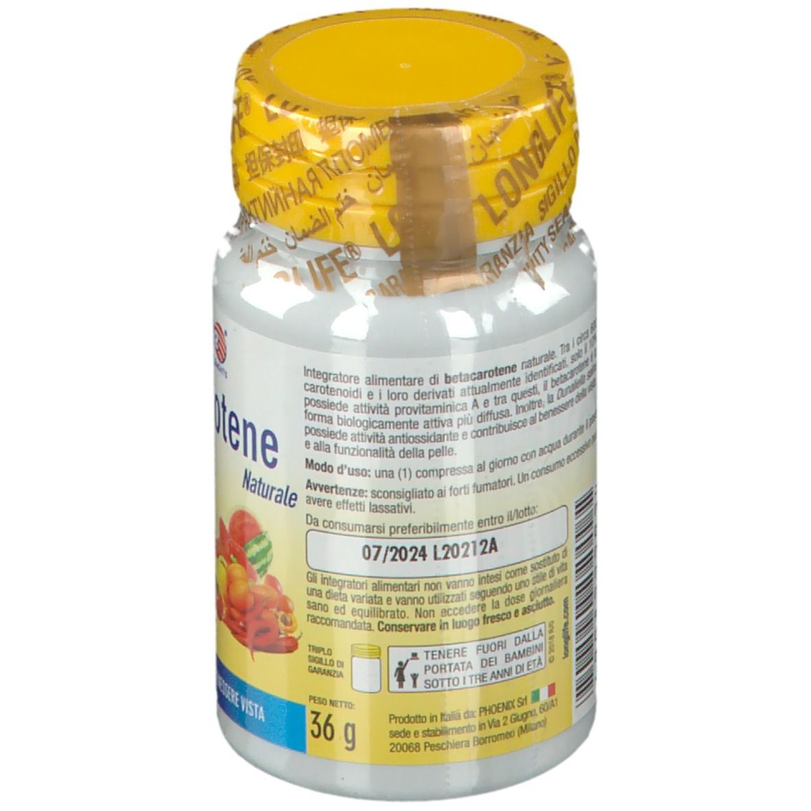 Retro di un flacone bianco con tappo giallo. Testo: LongLife Betacarotene Naturale. Avvertenze e ingredienti.