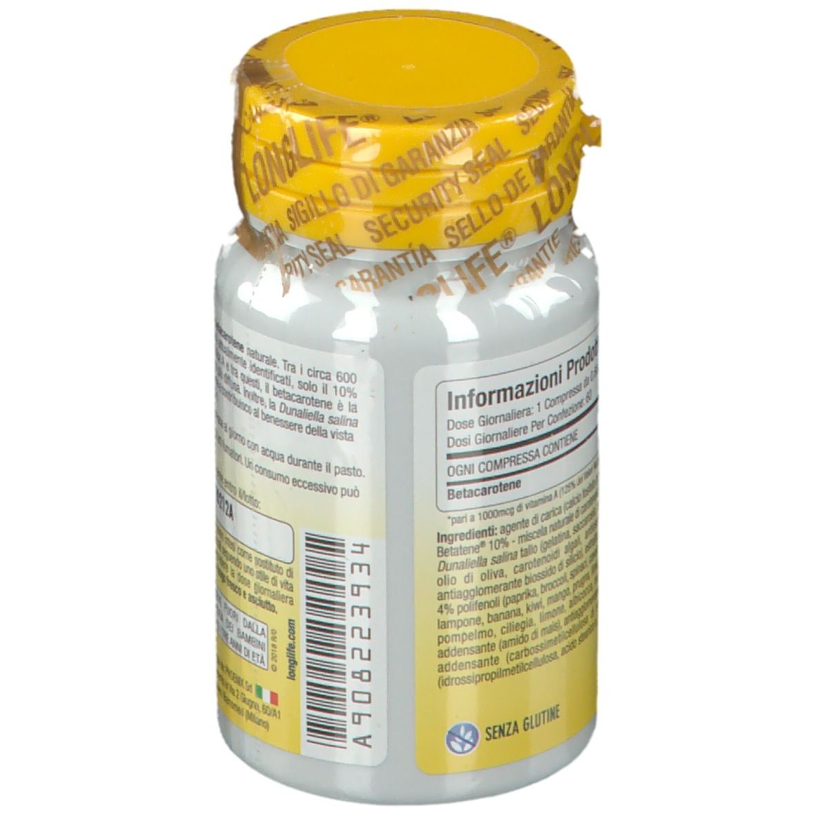 Retro di un flacone bianco con tappo giallo. Testo: LongLife Betacarotene Naturale. Ingredienti e dosaggio.