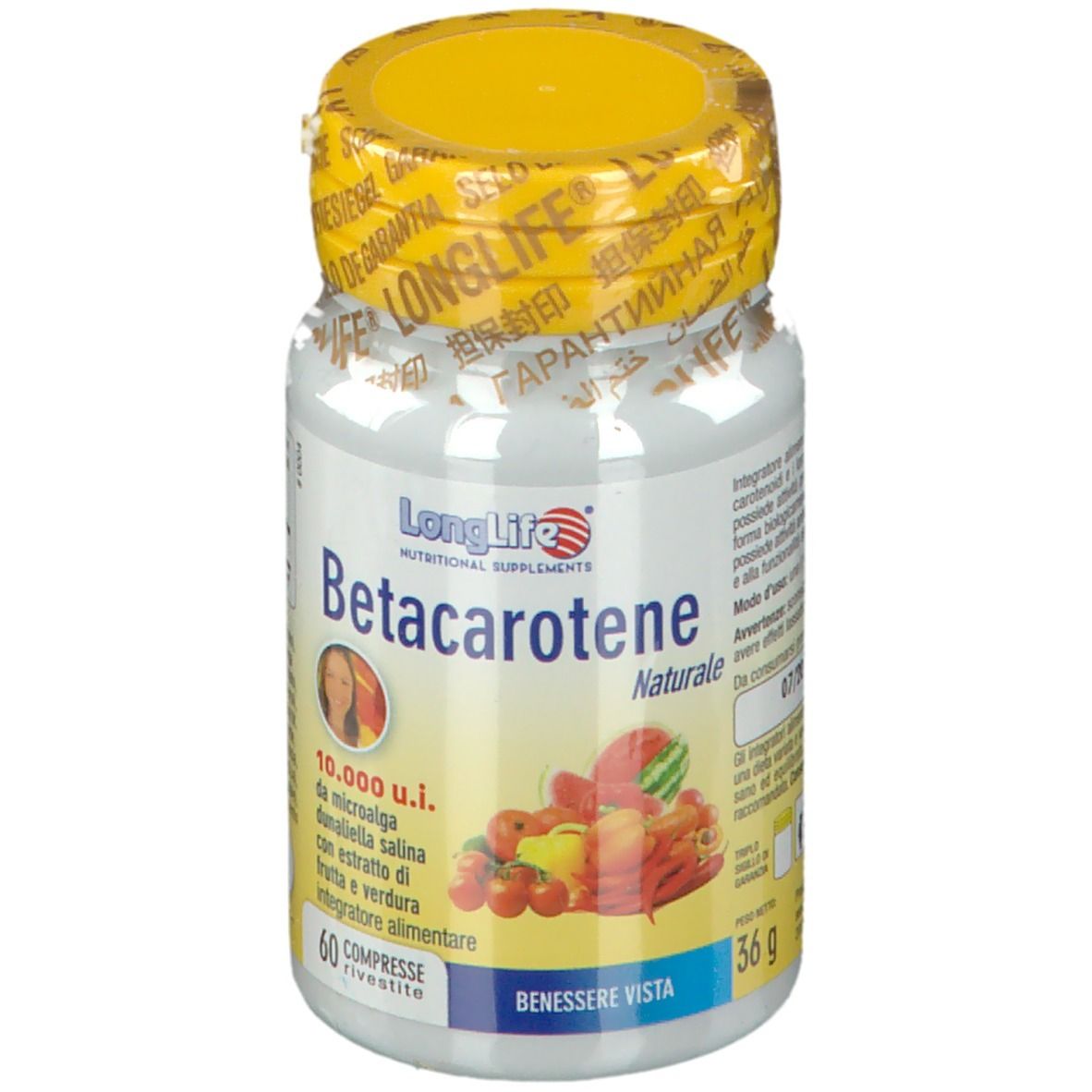 Flacone bianco con tappo giallo e sigillo. Scritta: LongLife Betacarotene Naturale. 60 compresse.