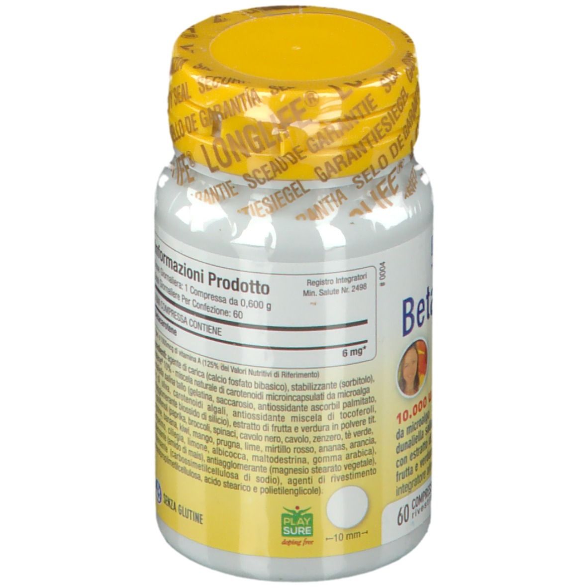 Retro di un flacone bianco con tappo giallo. Testo: LongLife Betacarotene 6 mg. Ingredienti e informazioni.