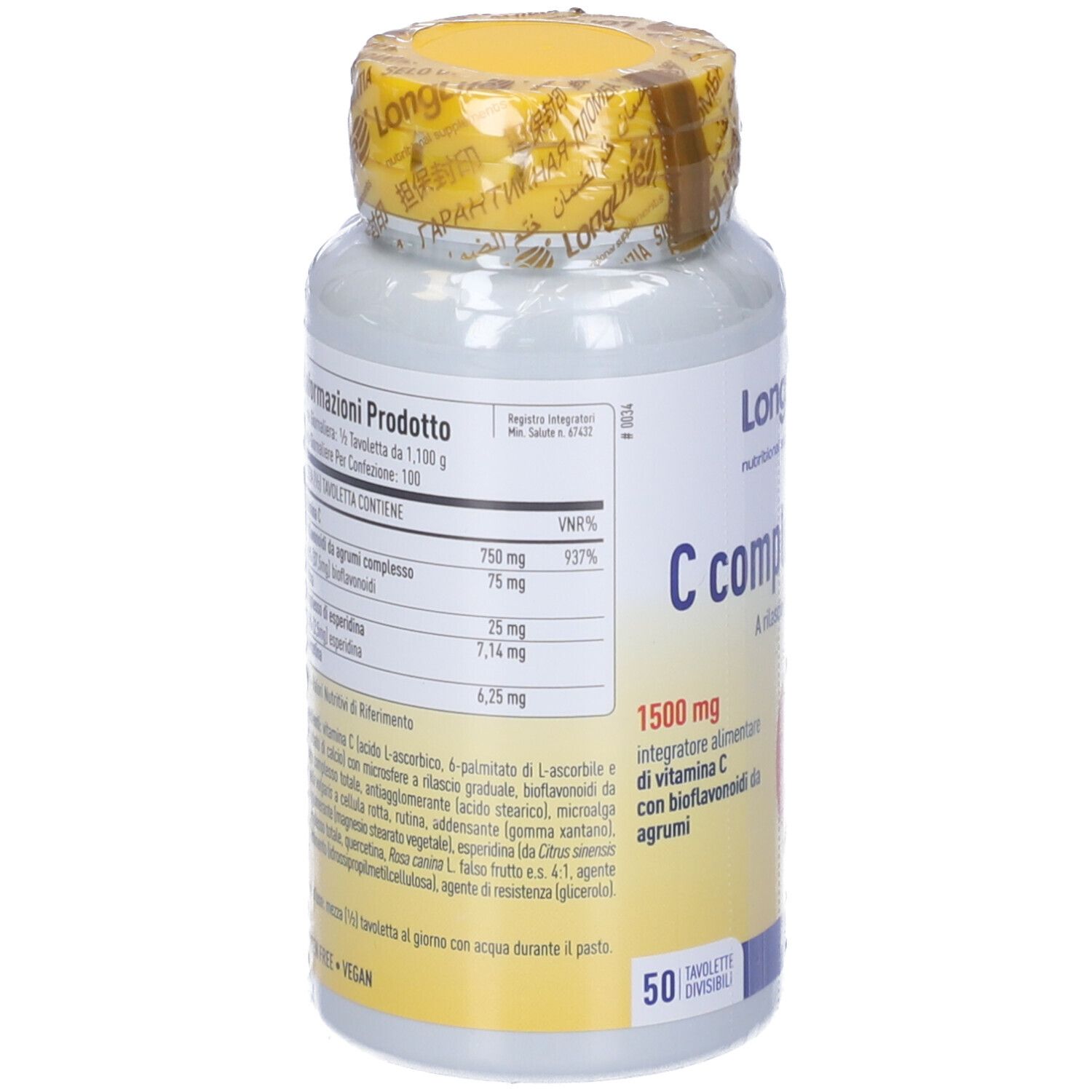Retro del flacone. Scritta: LongLife C complex 1500. Informazioni nutrizionali e ingredienti. 50 compresse.