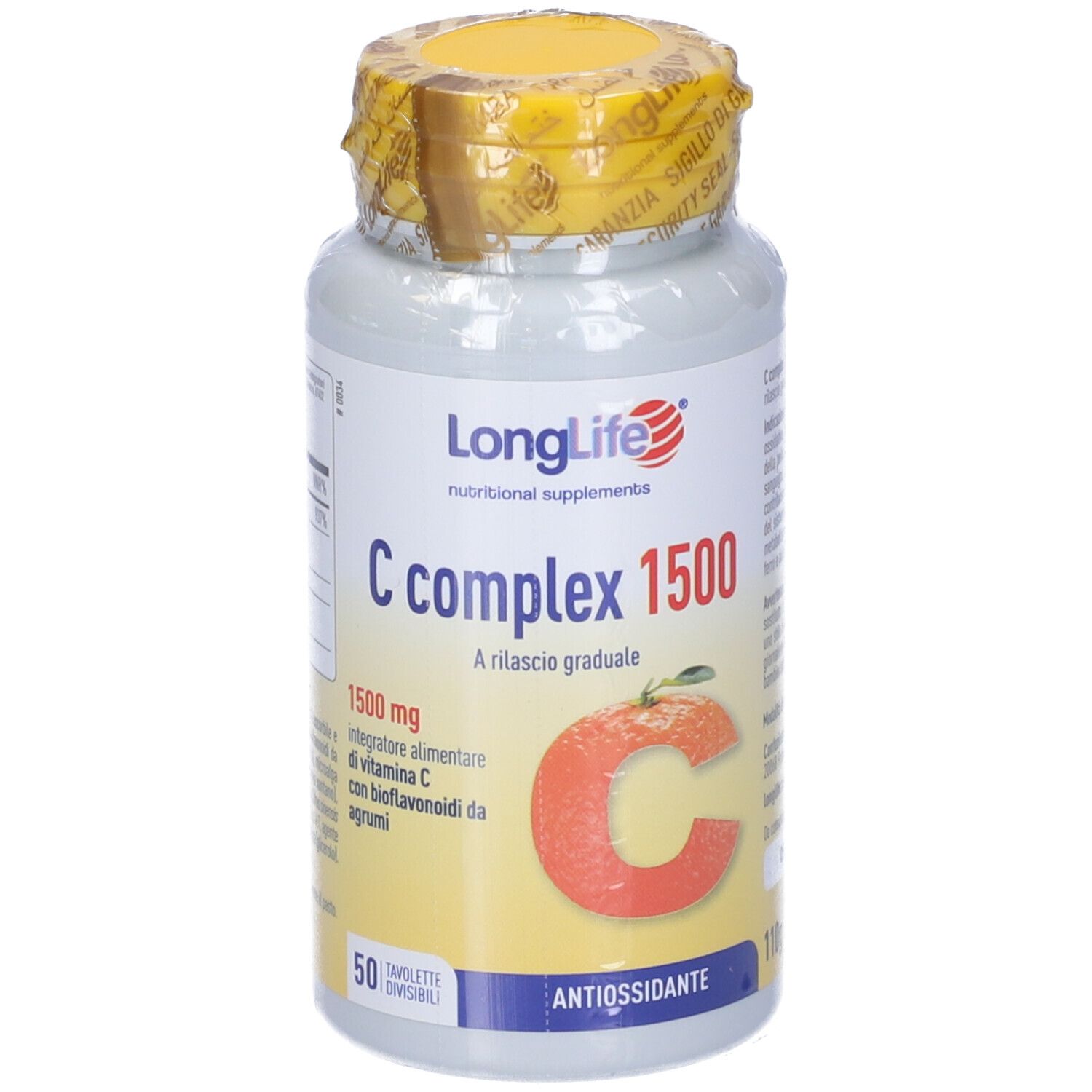 Flacone con tappo giallo e sigillo. Scritta: LongLife C complex 1500. Immagine arancia. 50 compresse.