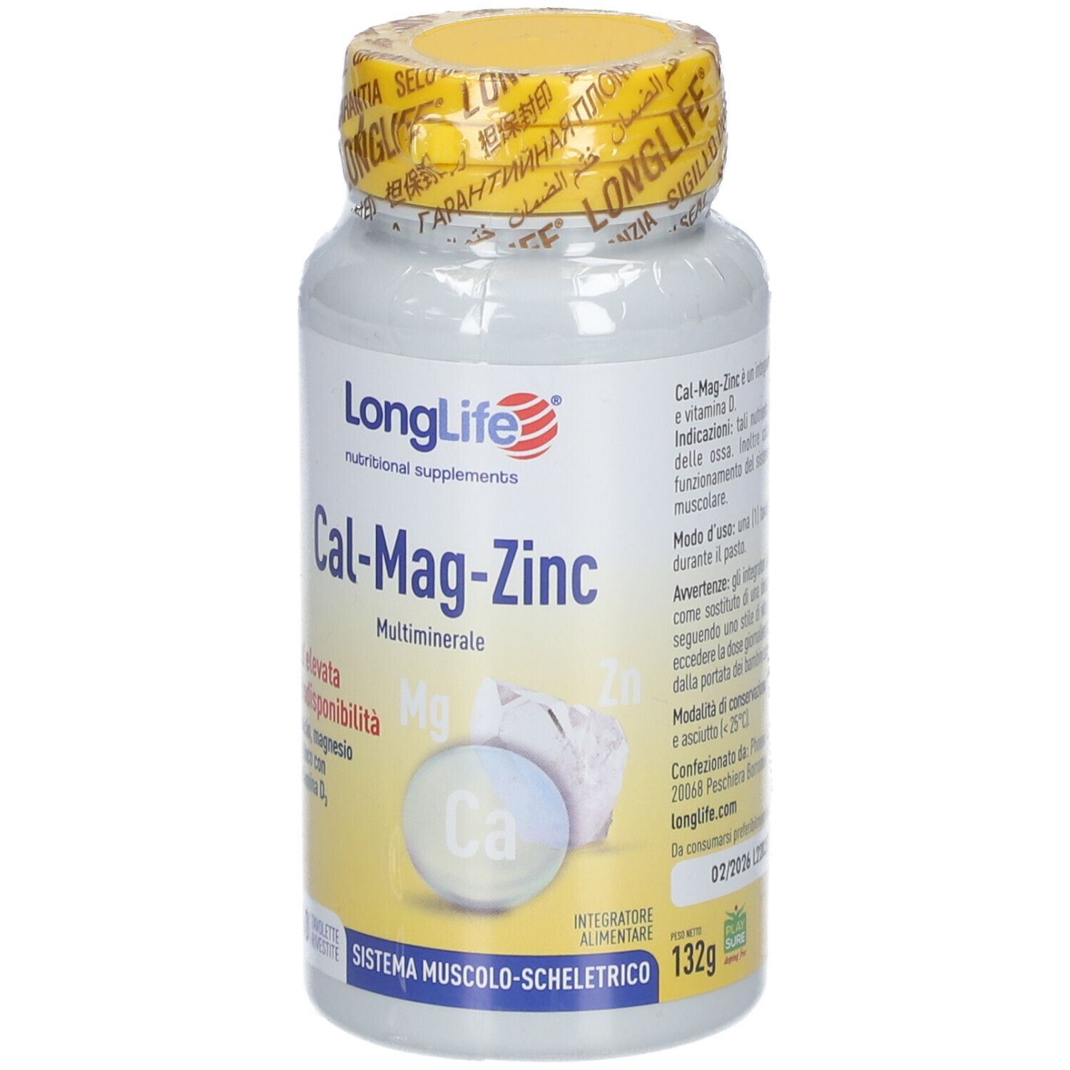 Weißes Fläschchen mit gelbem Deckel. Aufschrift: LongLife Cal-Mag-Zinc. Enthält 132g. System für Muskeln und Skelett.