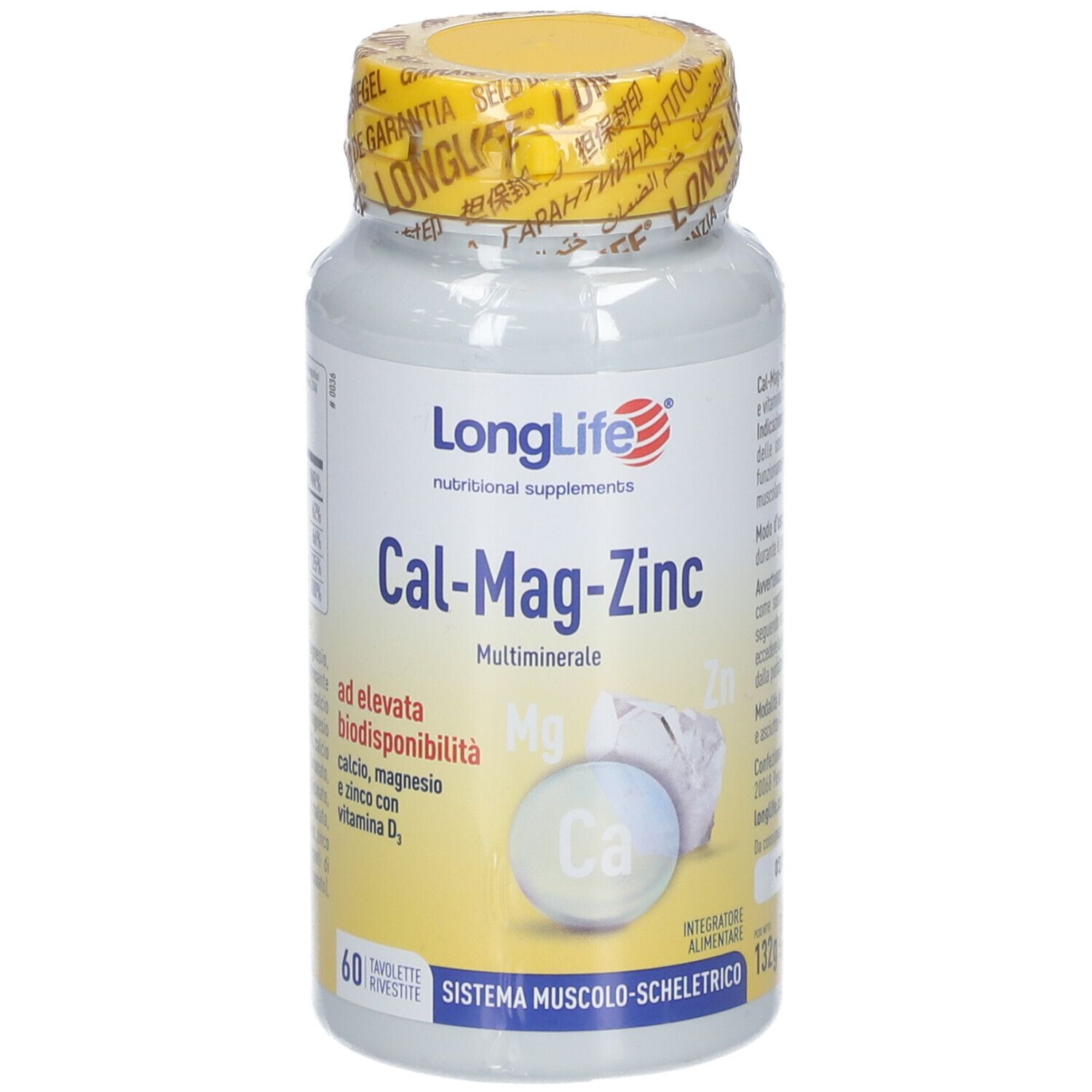 Weißes Fläschchen mit gelbem Deckel. Aufschrift: LongLife Cal-Mag-Zinc. Enthält 60 Tabletten. System für Muskeln und Skelett.