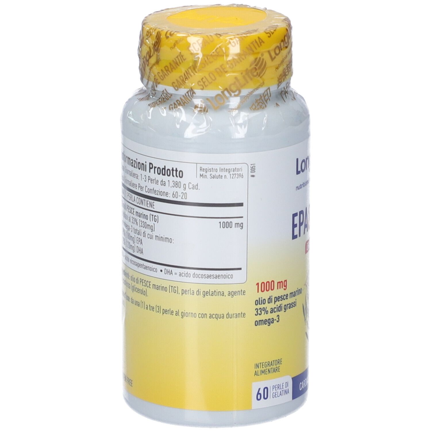 Rückseite der Flasche. Enthält Informationen zu Inhaltsstoffen und Dosierung. Gelber Deckel und Siegel.