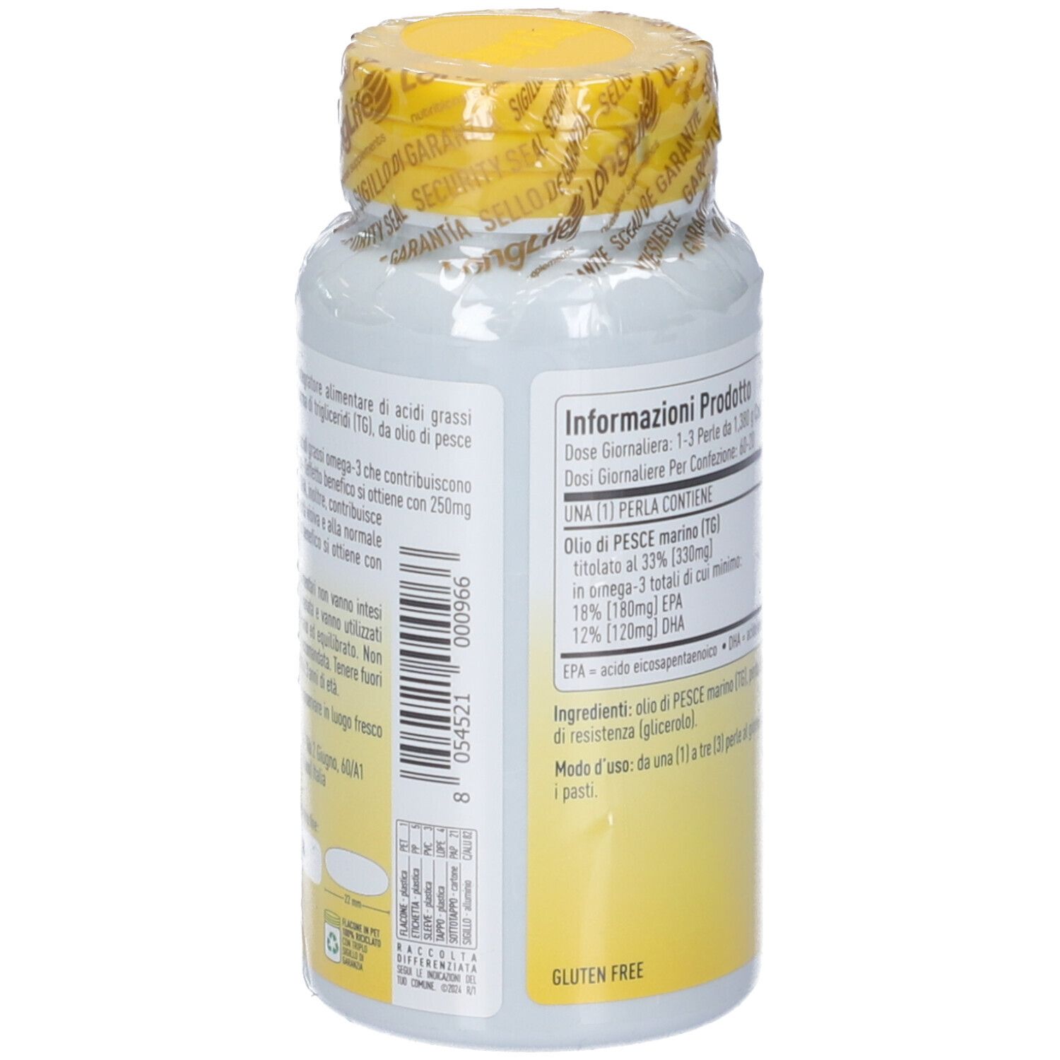 Rückseite der Flasche. Enthält Informationen zu Inhaltsstoffen und Dosierung. Glutenfrei-Logo.
