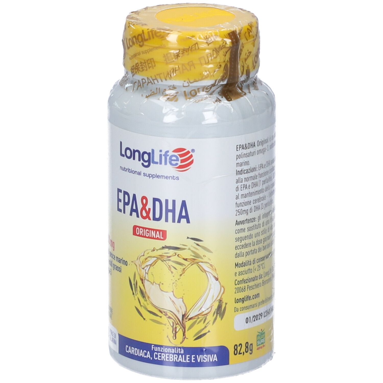 Flasche mit Kapseln. Aufschrift: LongLife EPA & DHA Original. Gelber Deckel und Siegel. 82,8g.