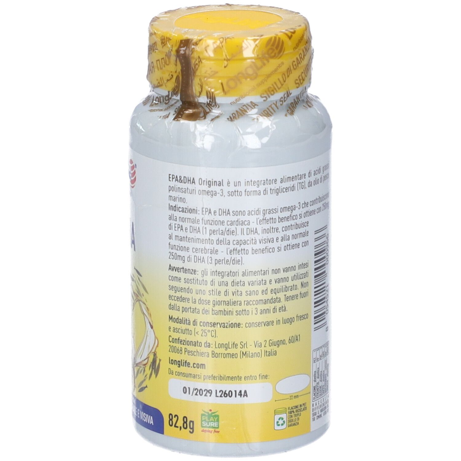 Rückseite der Flasche. Enthält Informationen zu Inhaltsstoffen und Dosierung. 82,8g. Grünes Logo.