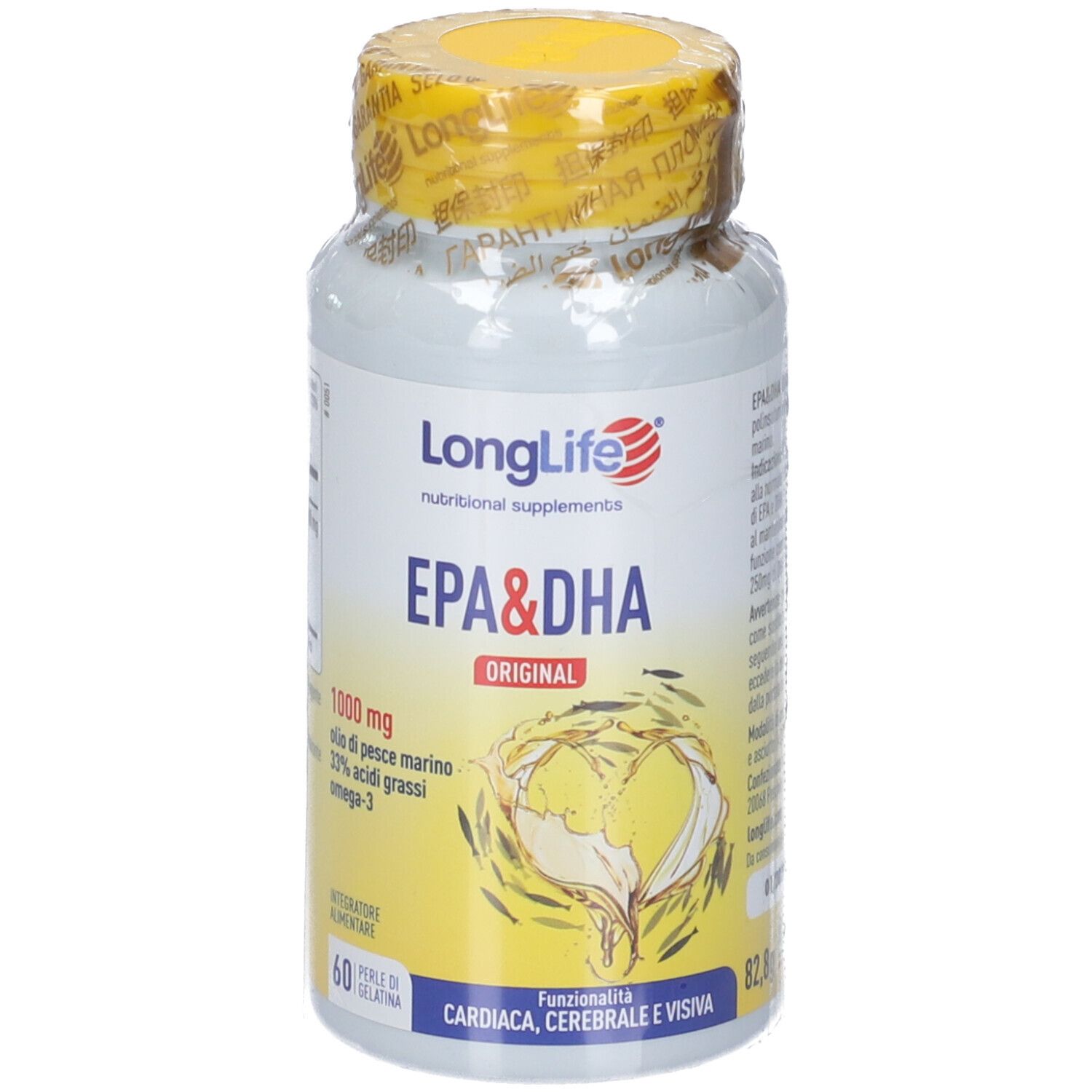 Weiß-gelbe Flasche mit Kapseln. Aufschrift: LongLife EPA & DHA Original. 60 Kapseln. Gelber Deckel und Siegel.