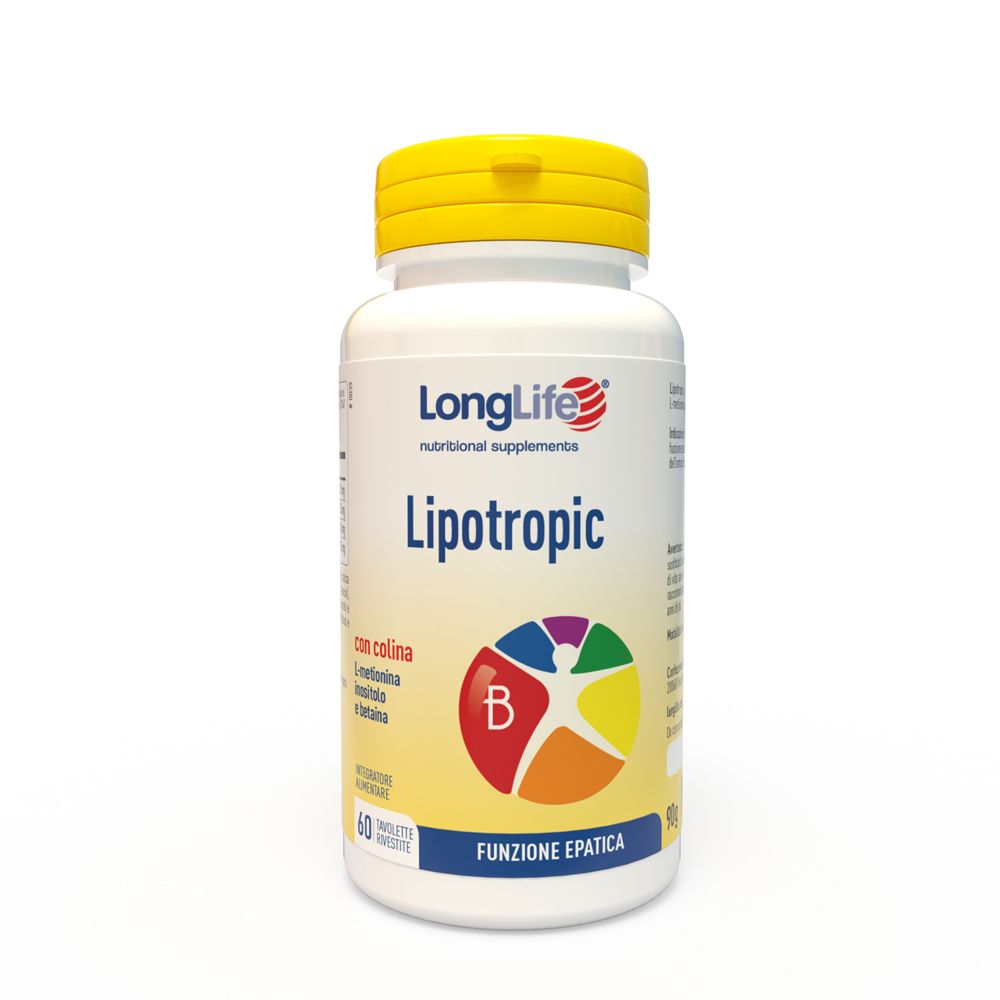 Flacone bianco con tappo giallo. Scritta: LongLife Lipotropic, 60 compresse. Grafica colorata.