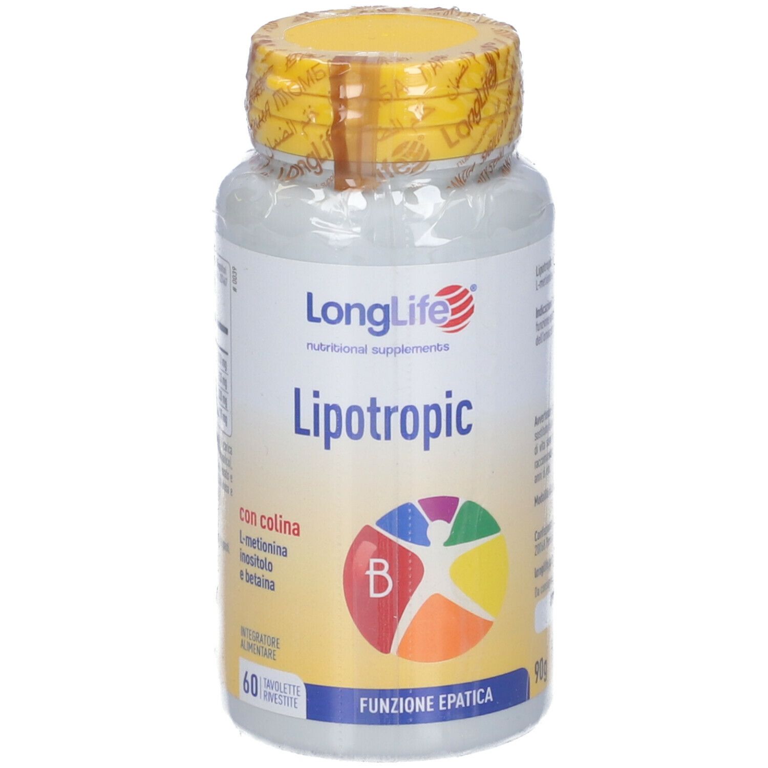 Flacone bianco con tappo giallo, avvolto in plastica. Scritta: LongLife Lipotropic, 60 compresse.