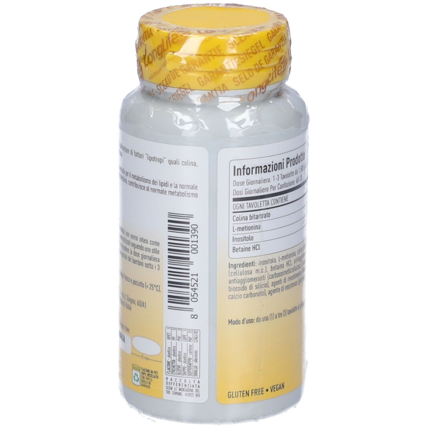 Retro del flacone. Scritta: Informazioni prodotto, ingredienti, senza glutine, vegan.