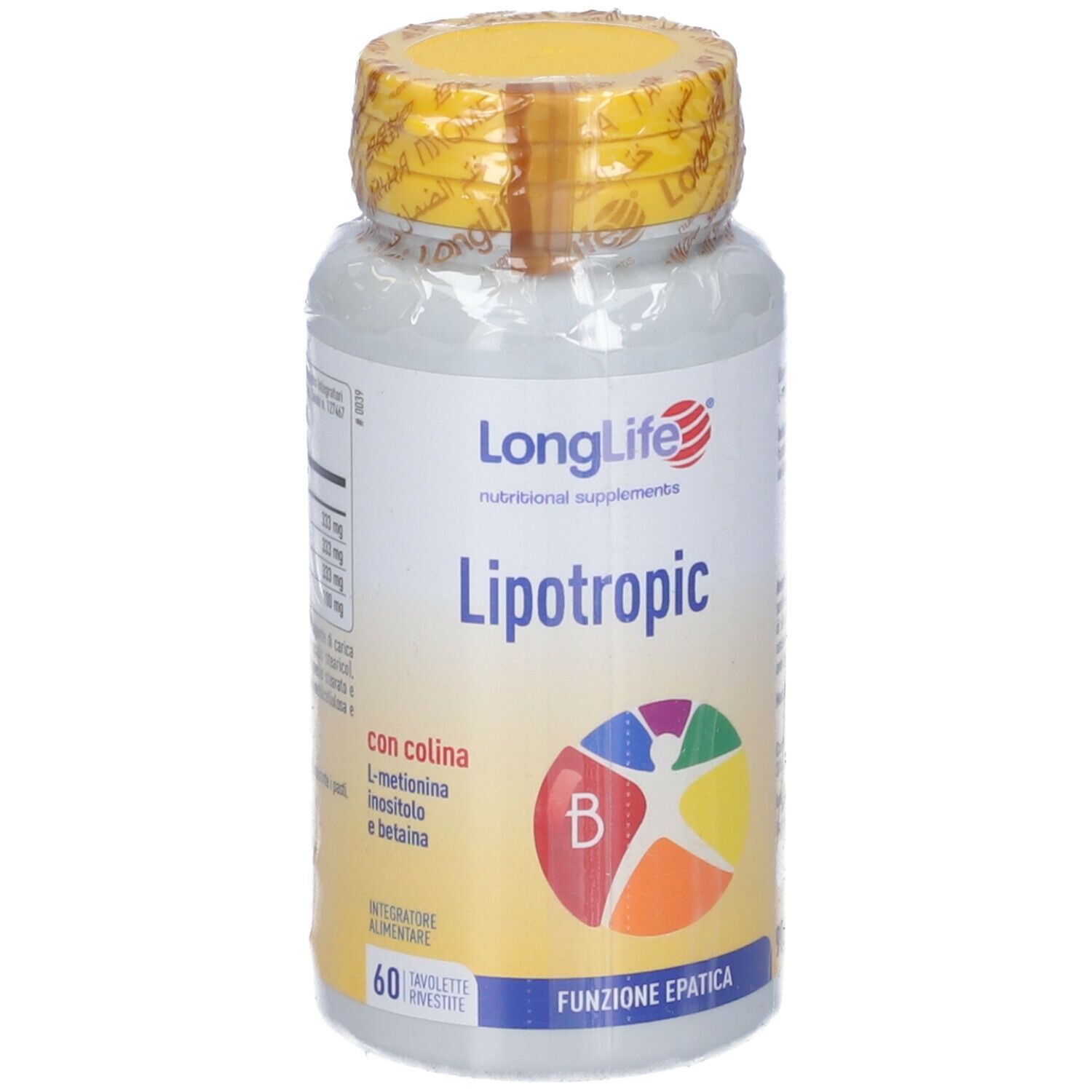 Flacone avvolto in plastica. Scritta: LongLife Lipotropic, 60 compresse. Grafica colorata.
