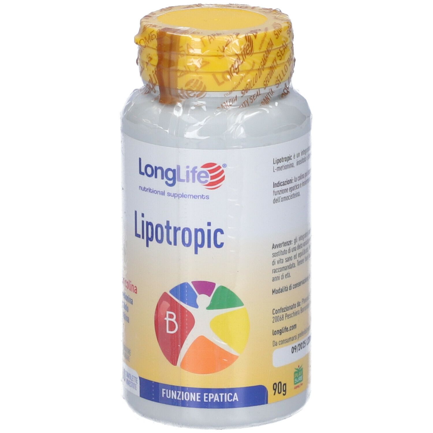 Flacone con tappo giallo. Scritta: LongLife Lipotropic, 90g. Grafica colorata.