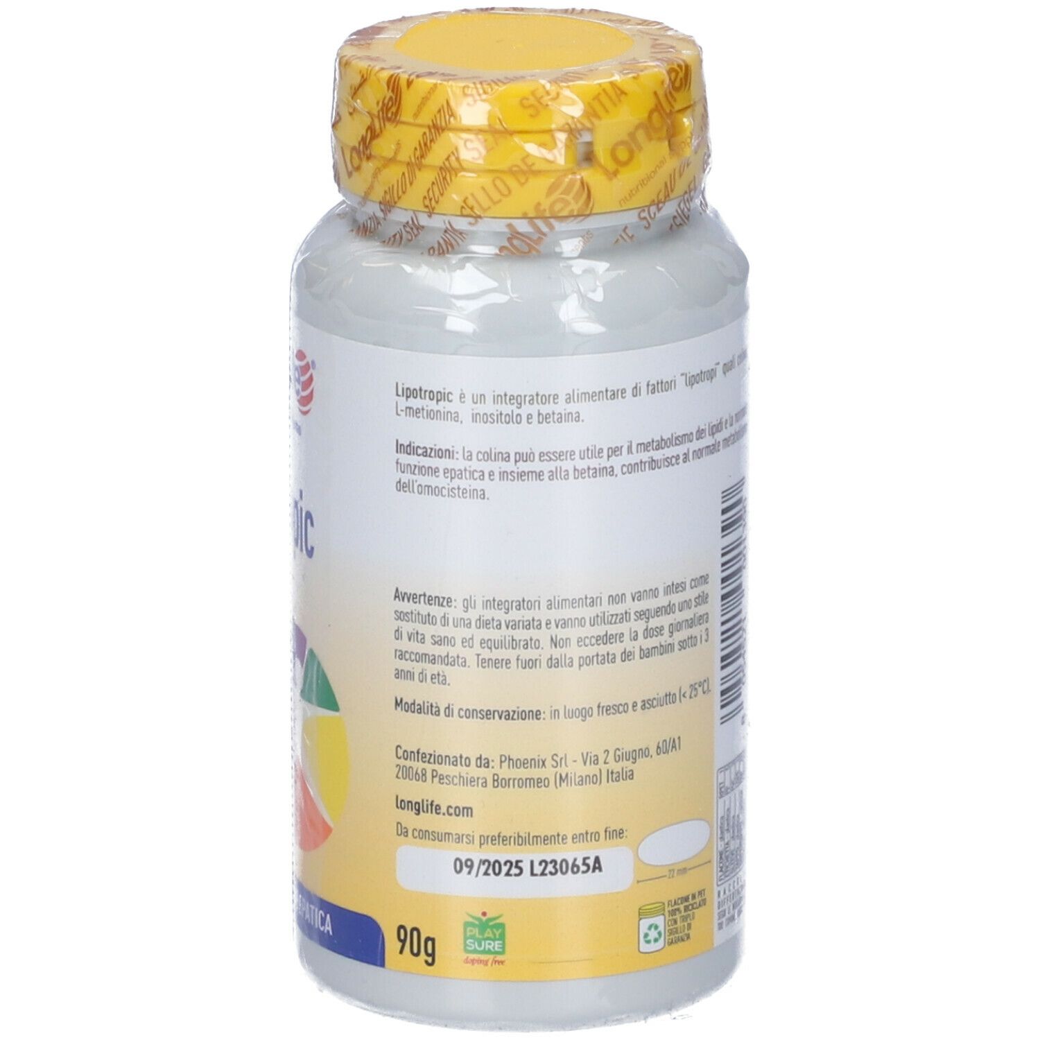 Retro del flacone. Scritta: LongLife Lipotropic, 90g. Informazioni, data di scadenza.