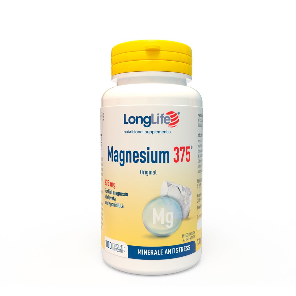 Flacone bianco con tappo giallo. Scritta: LongLife Magnesium 375 Original. 100 compresse, minerale antistress.