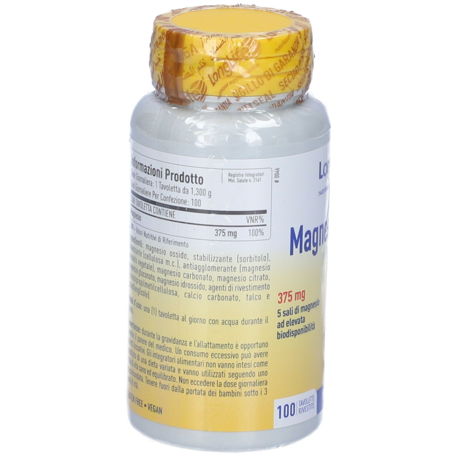 Retro del flacone con tappo giallo. Scritta: LongLife Magnesium 375. 100 compresse. Informazioni prodotto.