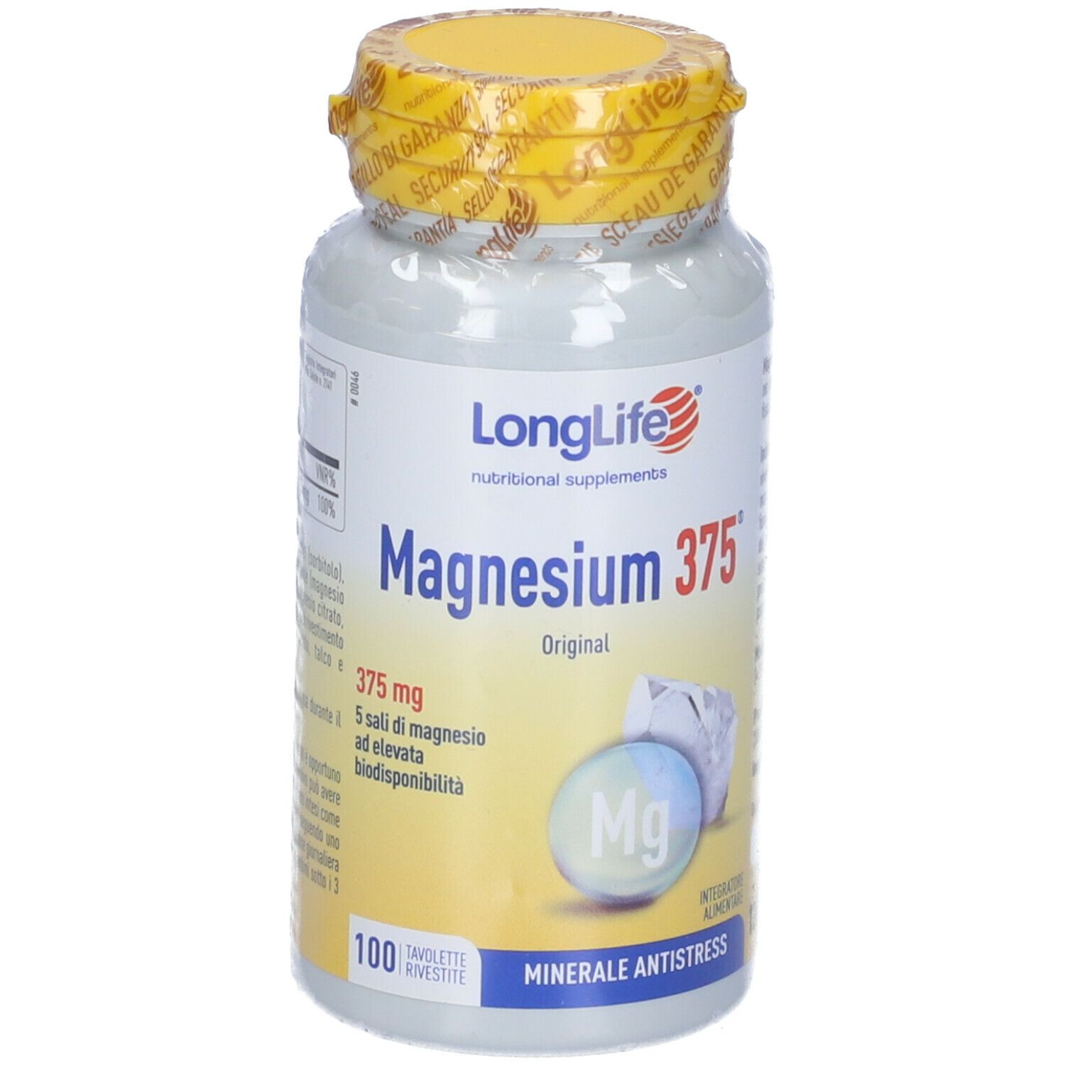 Flacone bianco con tappo giallo. Scritta: LongLife Magnesium 375 Original. 100 compresse, minerale antistress.