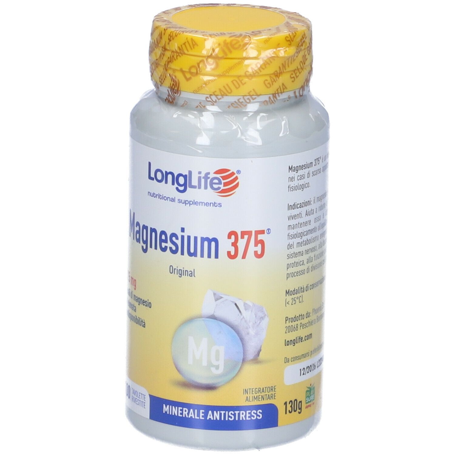 Flacone bianco con tappo giallo. Scritta: LongLife Magnesium 375 Original. 130g. Minerale antistress.