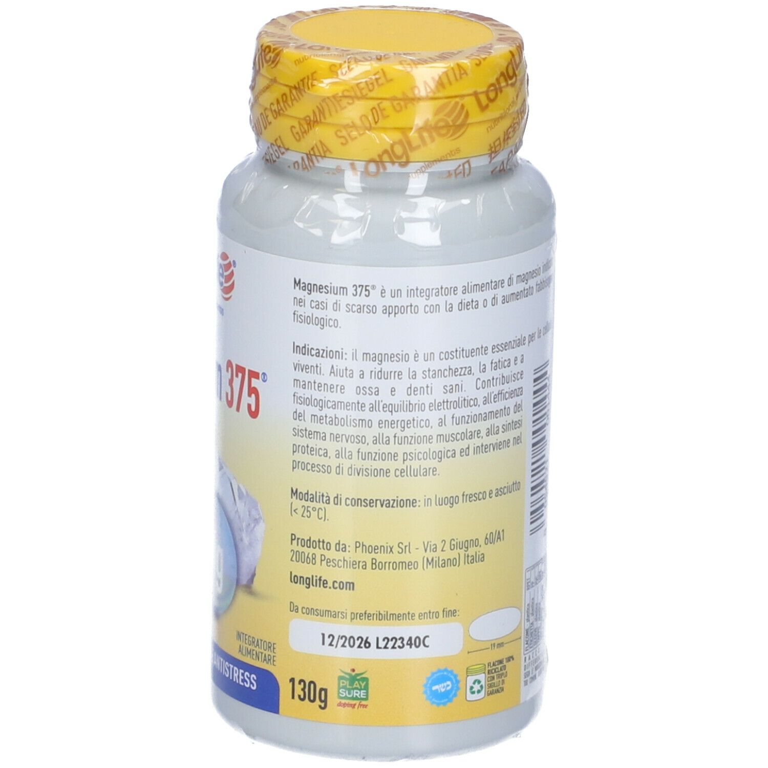 Flacone bianco con tappo giallo. Scritta: LongLife Magnesium 375 Original. 130g. Minerale antistress.