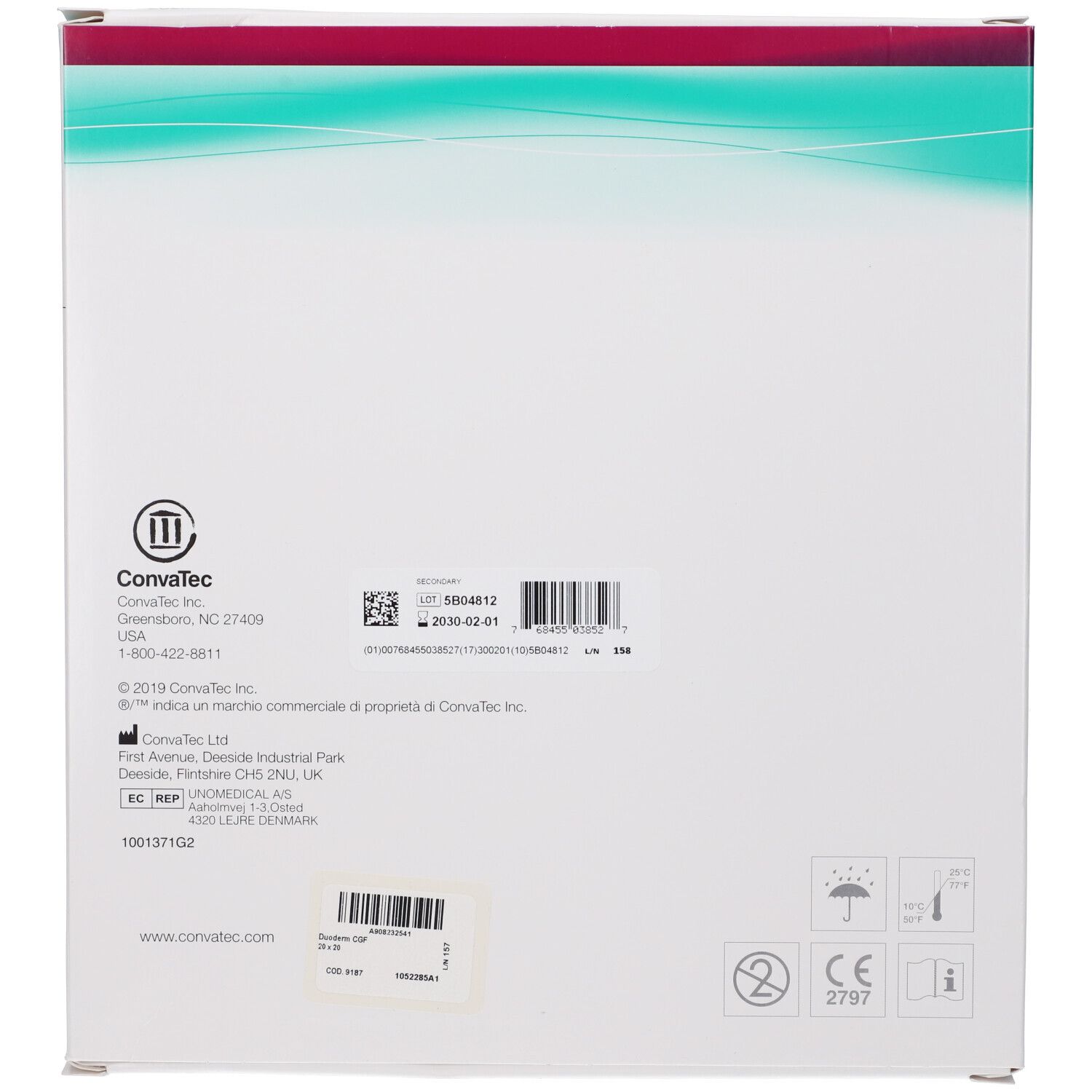 Rückseite der Verpackung. Herstellerinformationen und Chargennummer. CE-Kennzeichnung.