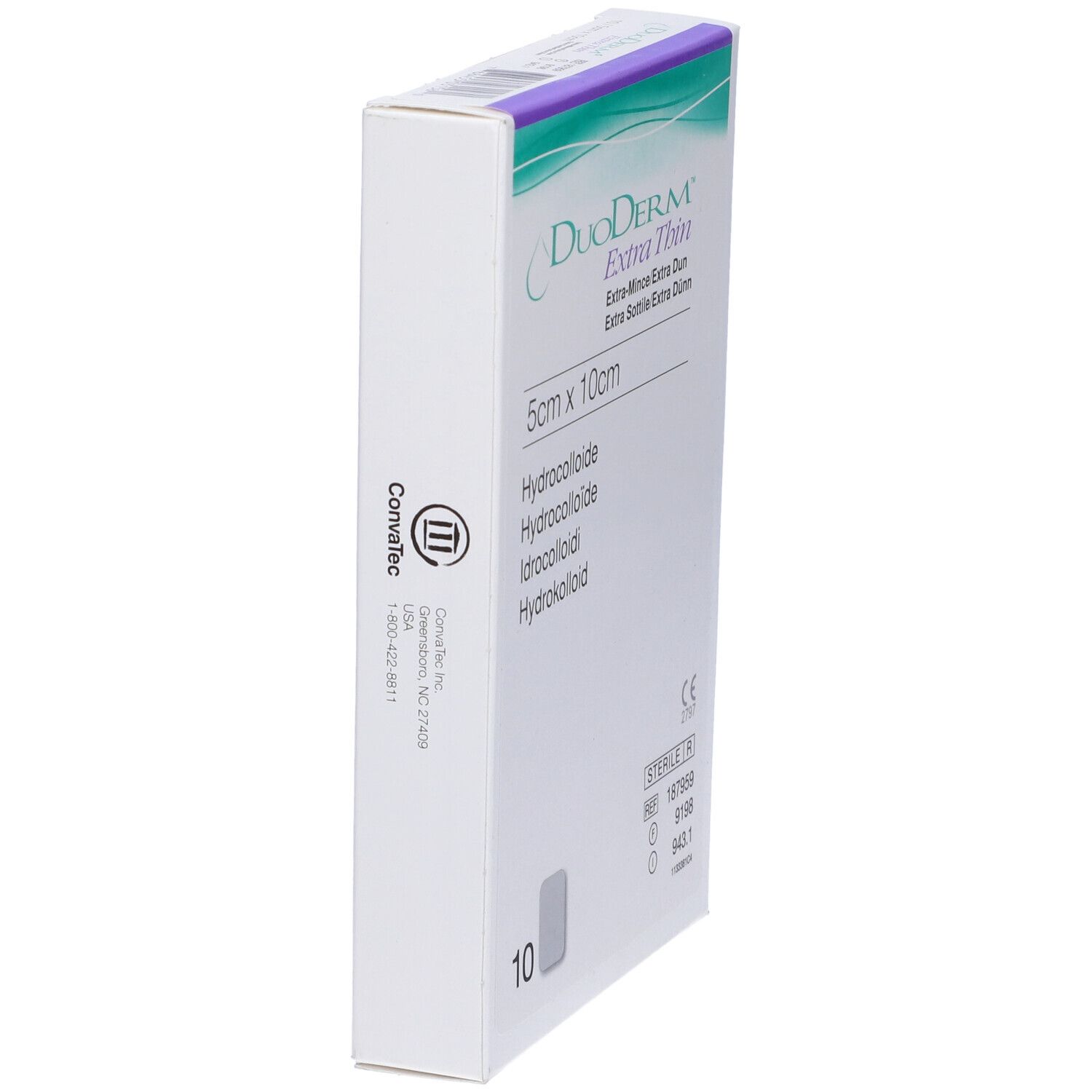 Verpackung DuoDERM Extra Thin, 5cm x 10cm. Seite mit Logo und Produktinformationen.