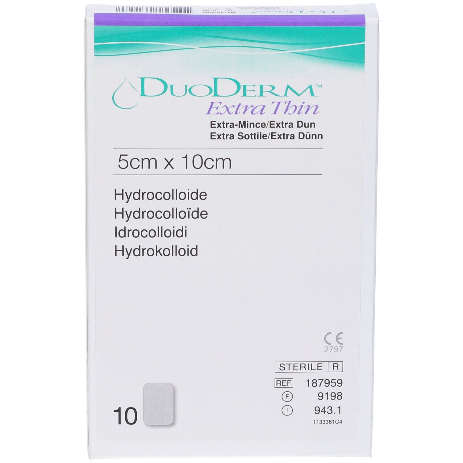 Vorderseite der Verpackung. DuoDERM Extra Thin, 5cm x 10cm. 10 sterile Wundauflagen.