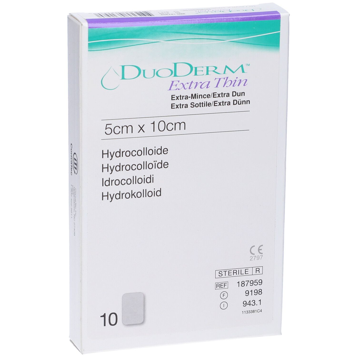 Verpackung DuoDERM Extra Thin, 5cm x 10cm. Ansicht mit Logo und Produktnamen.