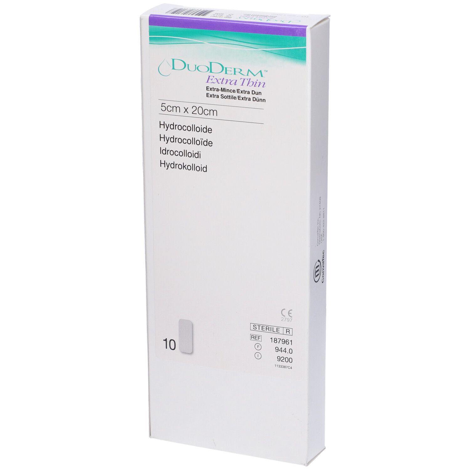Verpackung mit 10 sterilen Hydrokolloid-Wundauflagen. DuoDerm Extra Thin. 5x20cm. Produktinformationen.