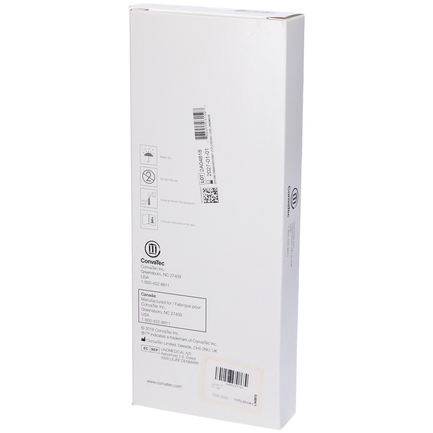 Rückseite der Verpackung von DuoDerm Extra Thin. Produktinformationen, Barcode, ConvaTec-Logo.