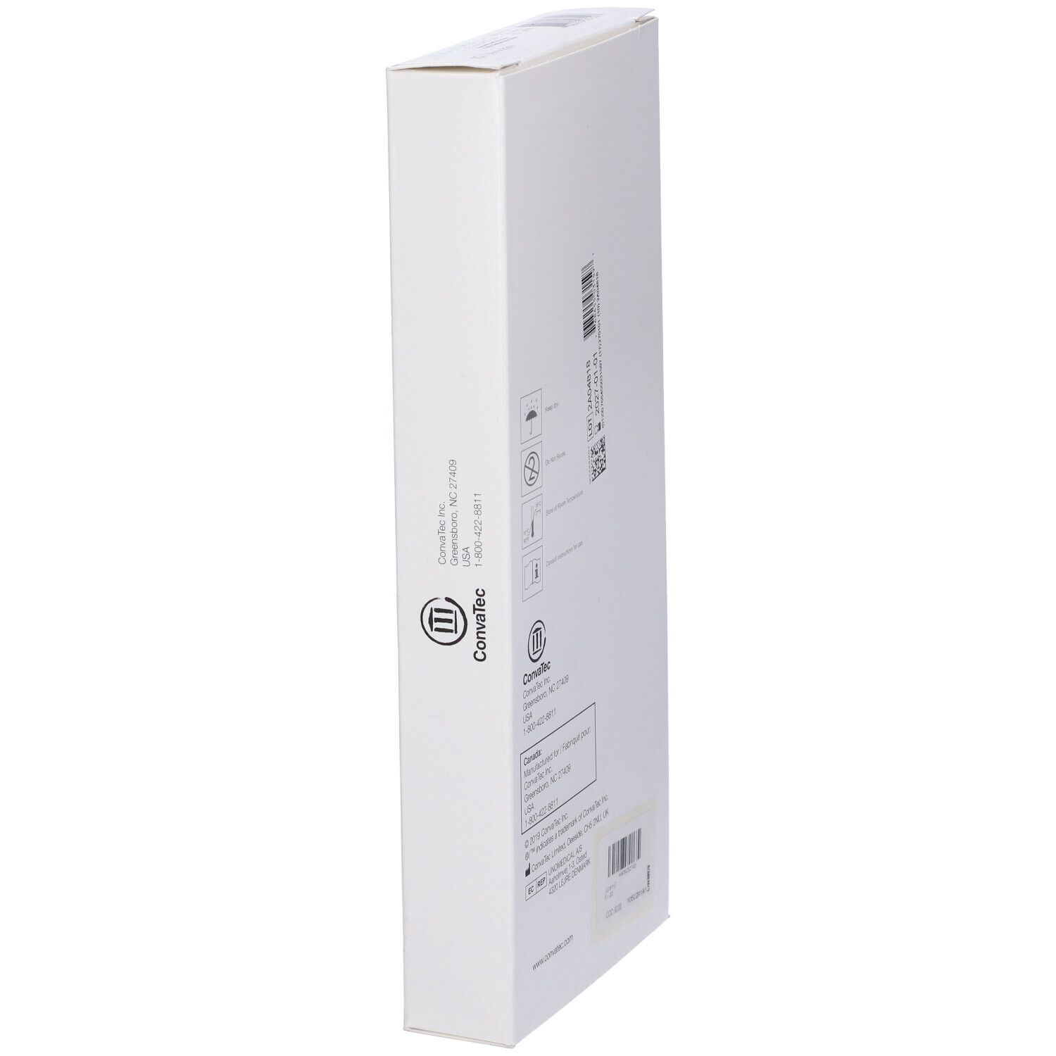 Seitenansicht der Verpackung von DuoDerm Extra Thin. ConvaTec-Logo, Produktinformationen.