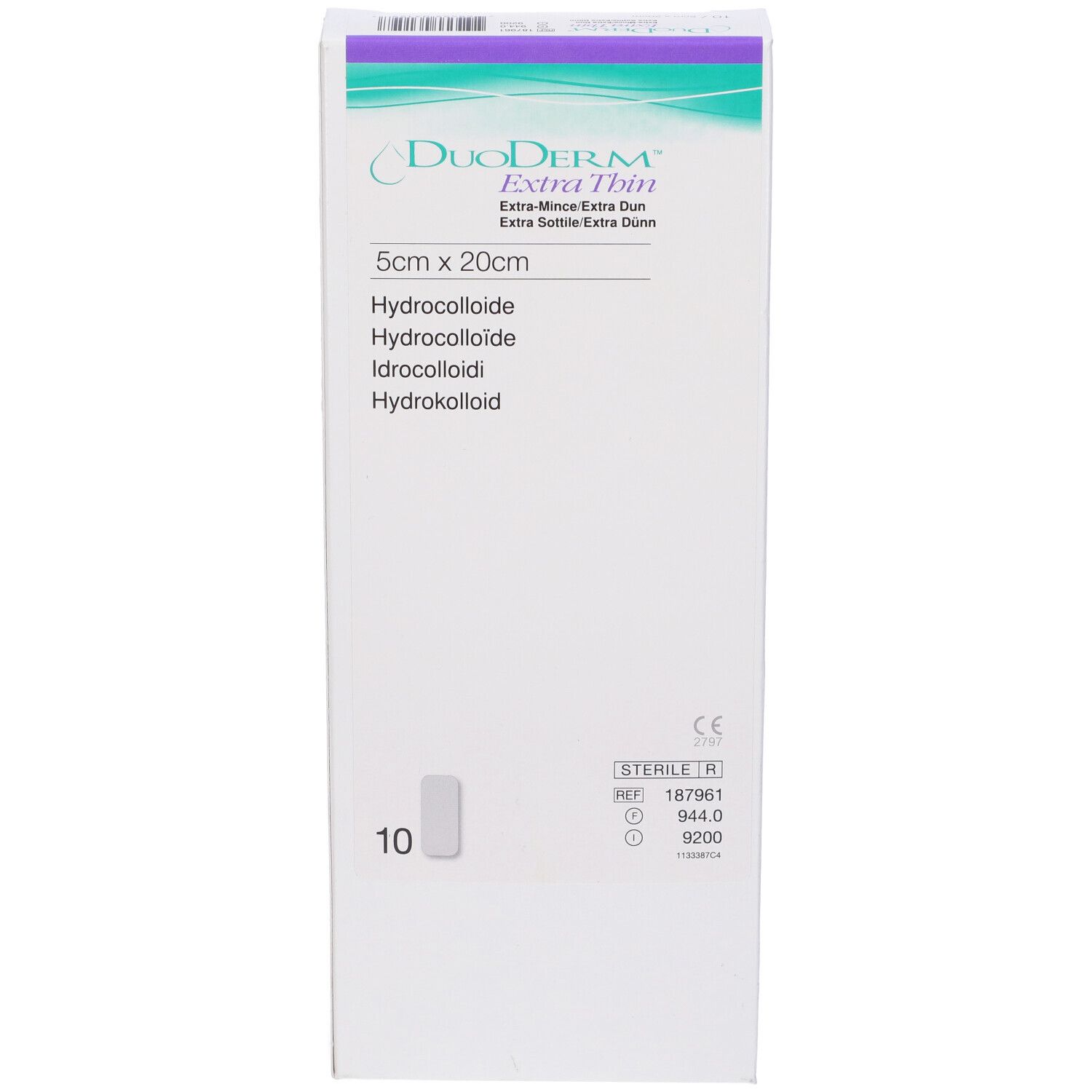 Verpackung mit 10 sterilen Hydrokolloid-Wundauflagen. DuoDerm Extra Thin. 5x20cm. Produktinformationen.