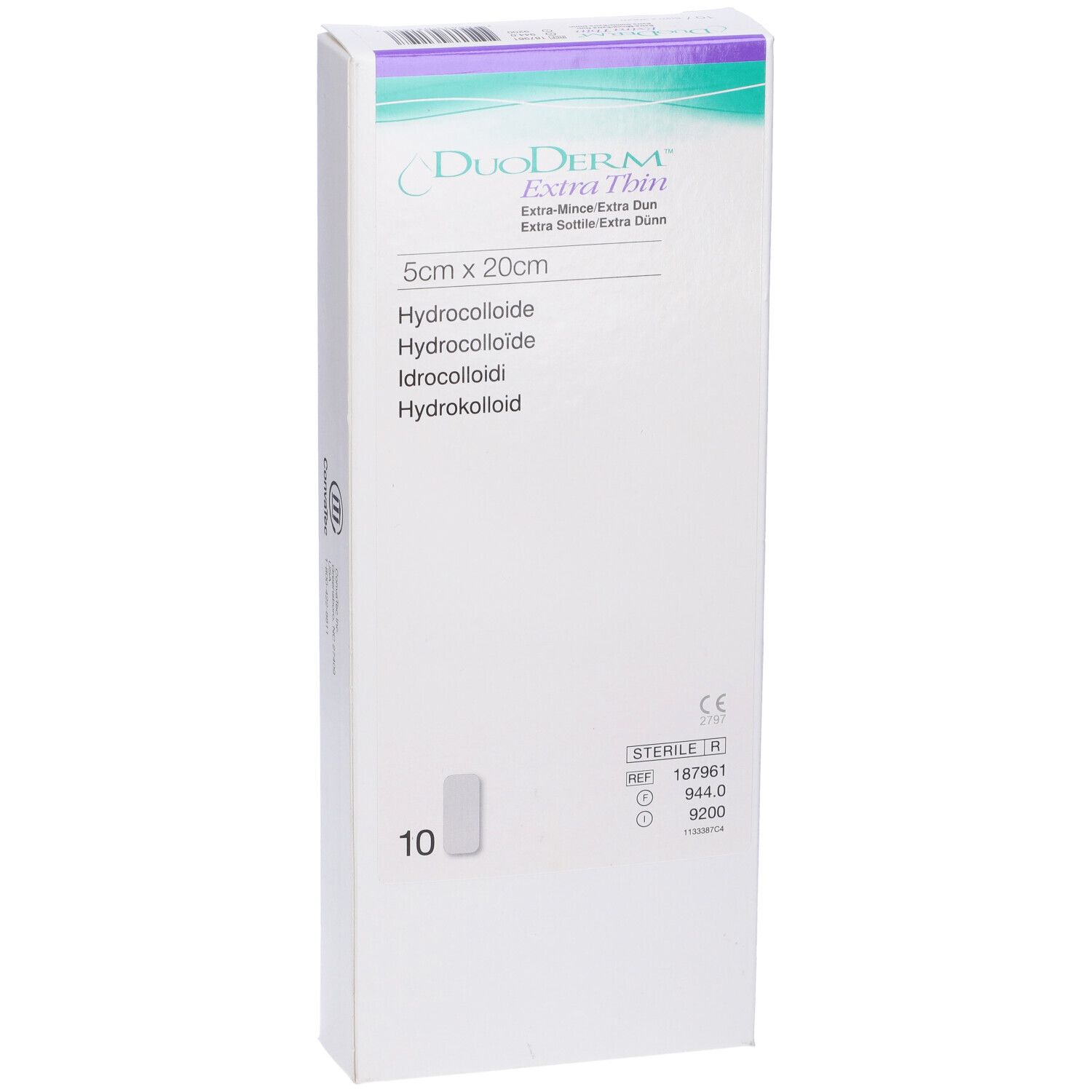 Verpackung mit 10 sterilen Hydrokolloid-Wundauflagen. DuoDerm Extra Thin. 5x20cm. Produktinformationen.