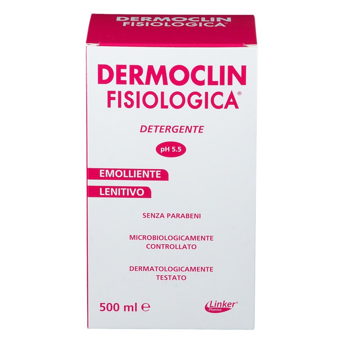 Rote und weiße Produktverpackung. Enthält Dermoclin Fisiologica Detergente pH 5,5. Mit Text.
