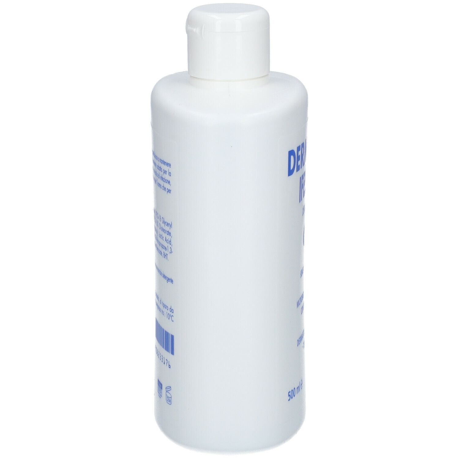 Weiße Flasche mit blauem Aufdruck. Enthält Dermoclin Ifespor Detergente. Rückseite mit Inhaltsstoffen.