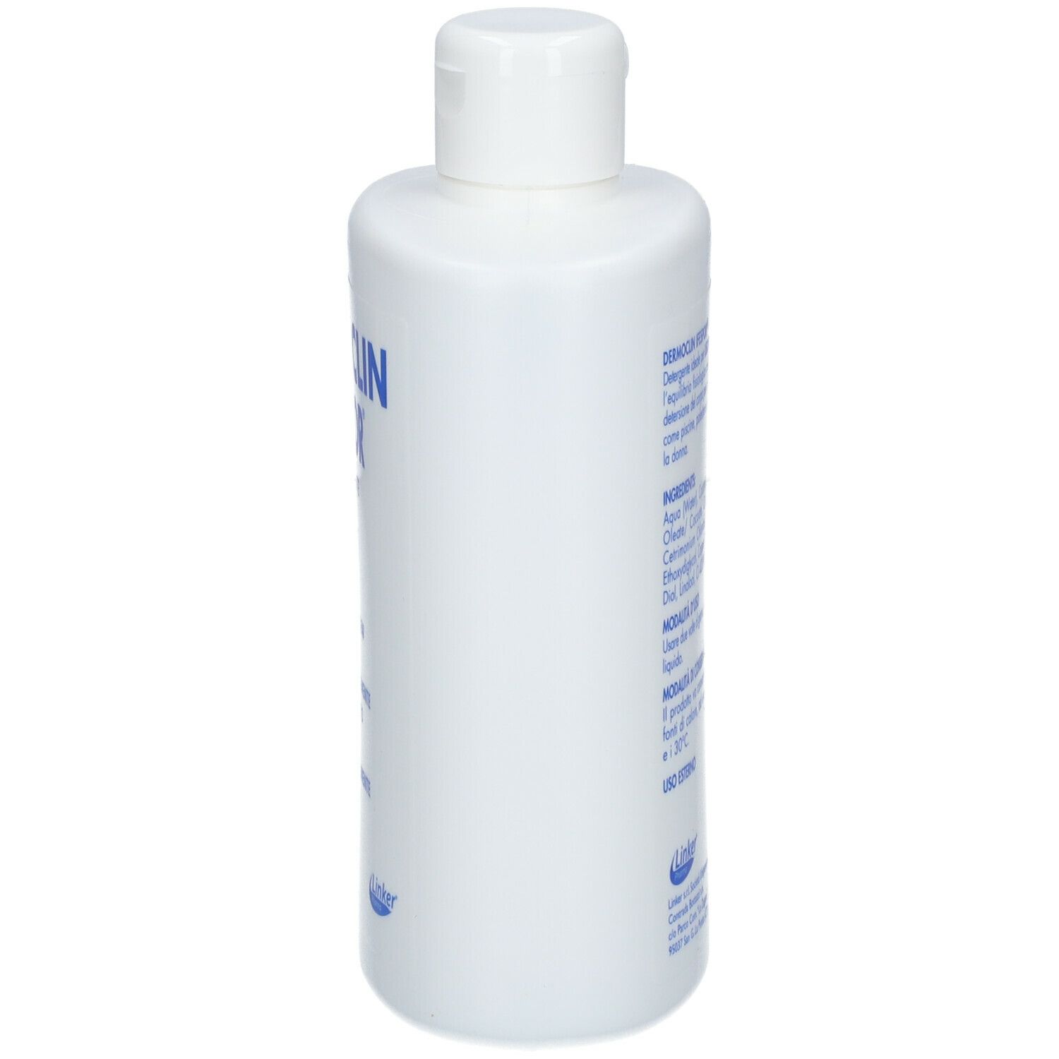 Weiße Flasche mit blauem Aufdruck. Enthält Dermoclin Ifespor Detergente. Seitenansicht.