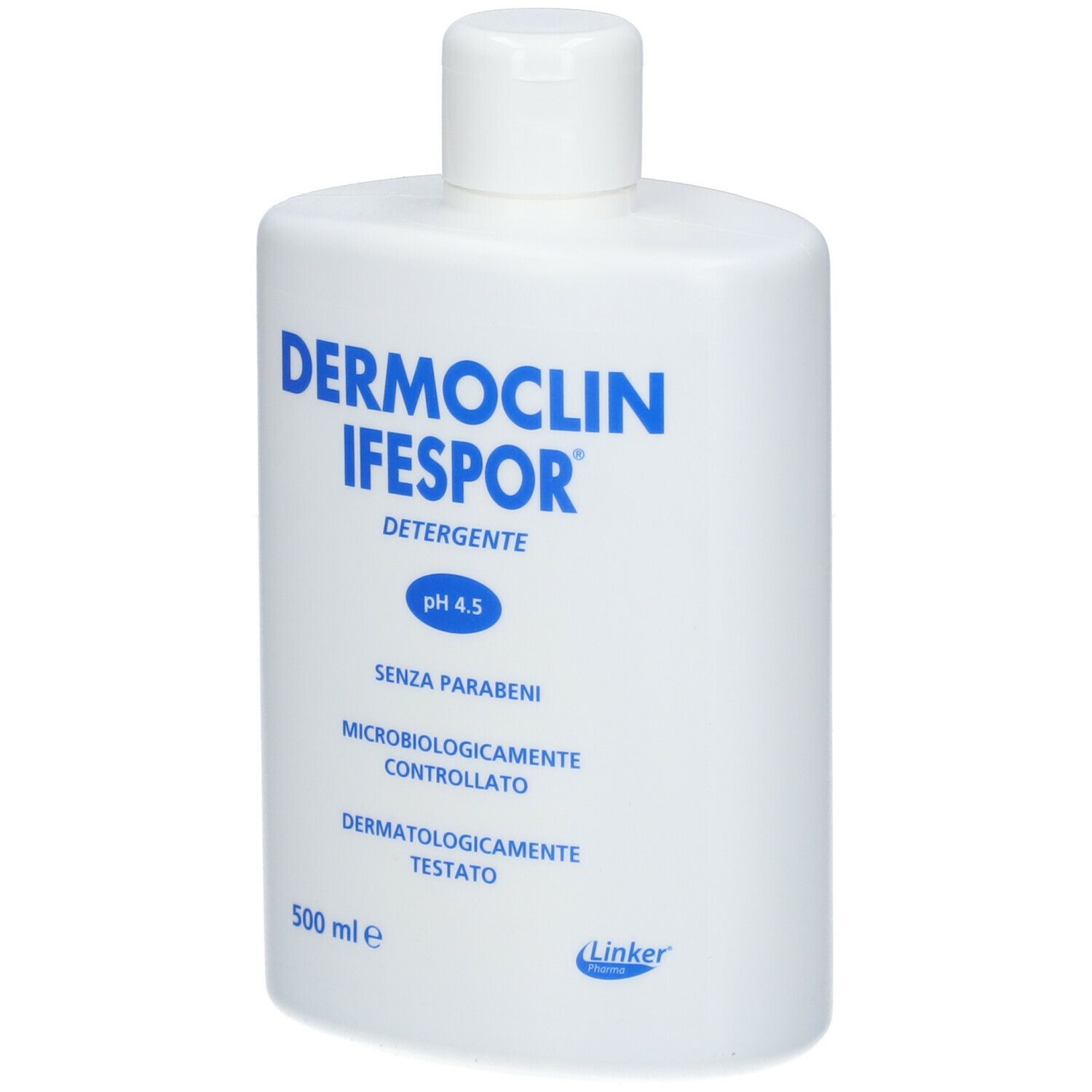 Weiße Flasche mit blauem Aufdruck. Enthält Dermoclin Ifespor Detergente, pH 4.5, 500 ml.