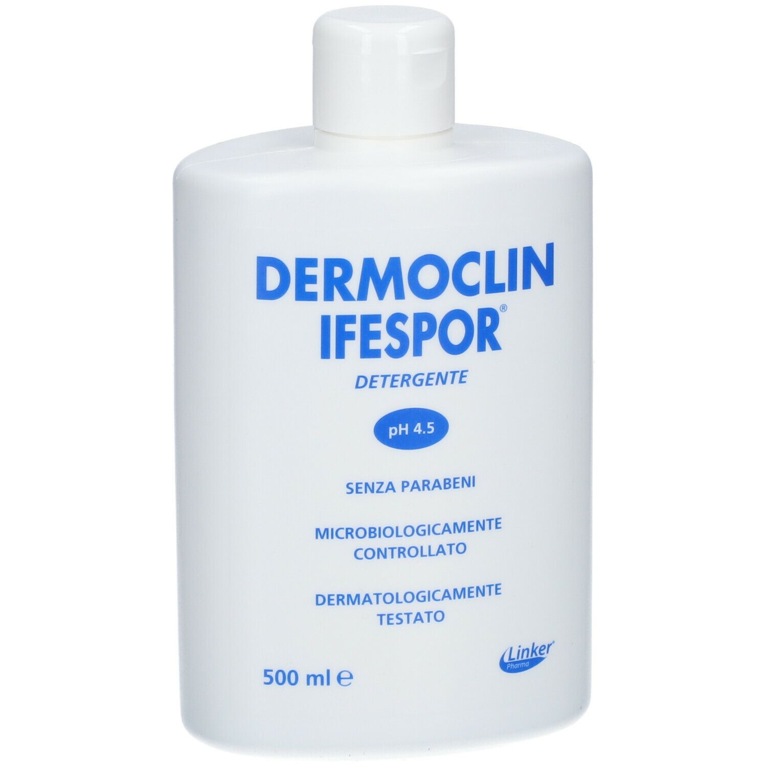 Weiße Flasche mit blauem Aufdruck. Enthält Dermoclin Ifespor Detergente, pH 4.5, 500 ml.