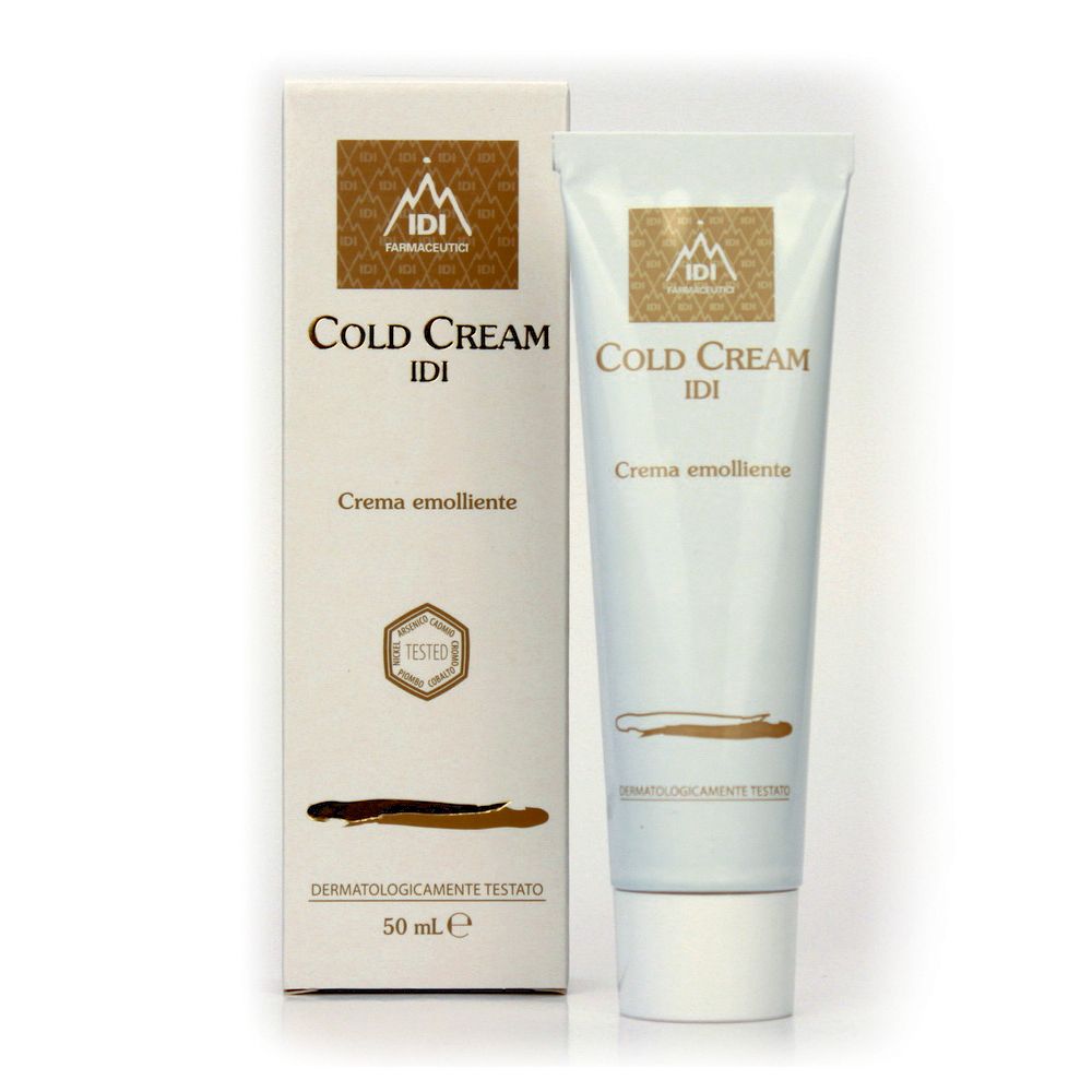 Tubo e scatola di crema. Scritto: Cold Cream IDI, Creme emolliente. Dermatologicamente testato.