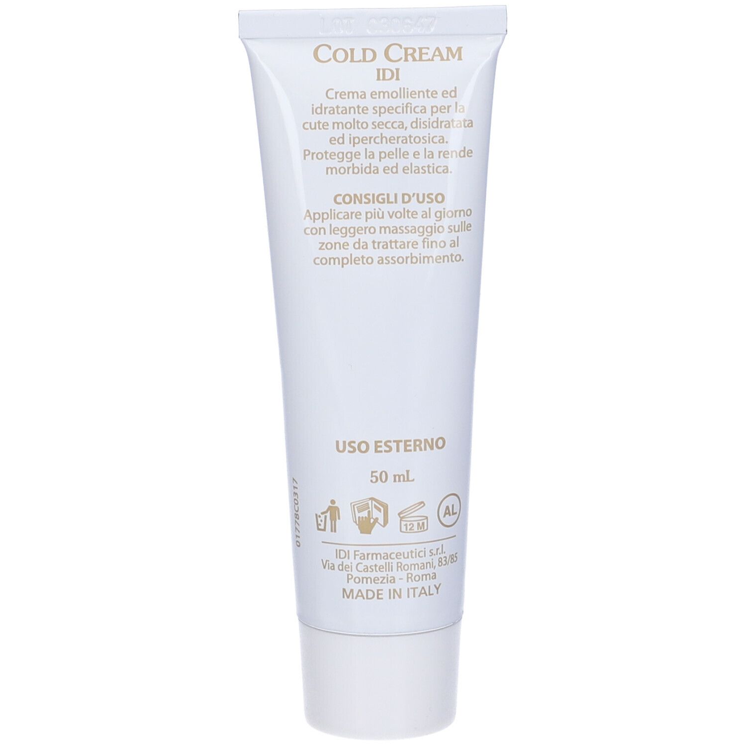 Retro del tubo. Testo: Cold Cream IDI, Creme emolliente. Istruzioni per l'uso. 50 ml. Made in Italy.