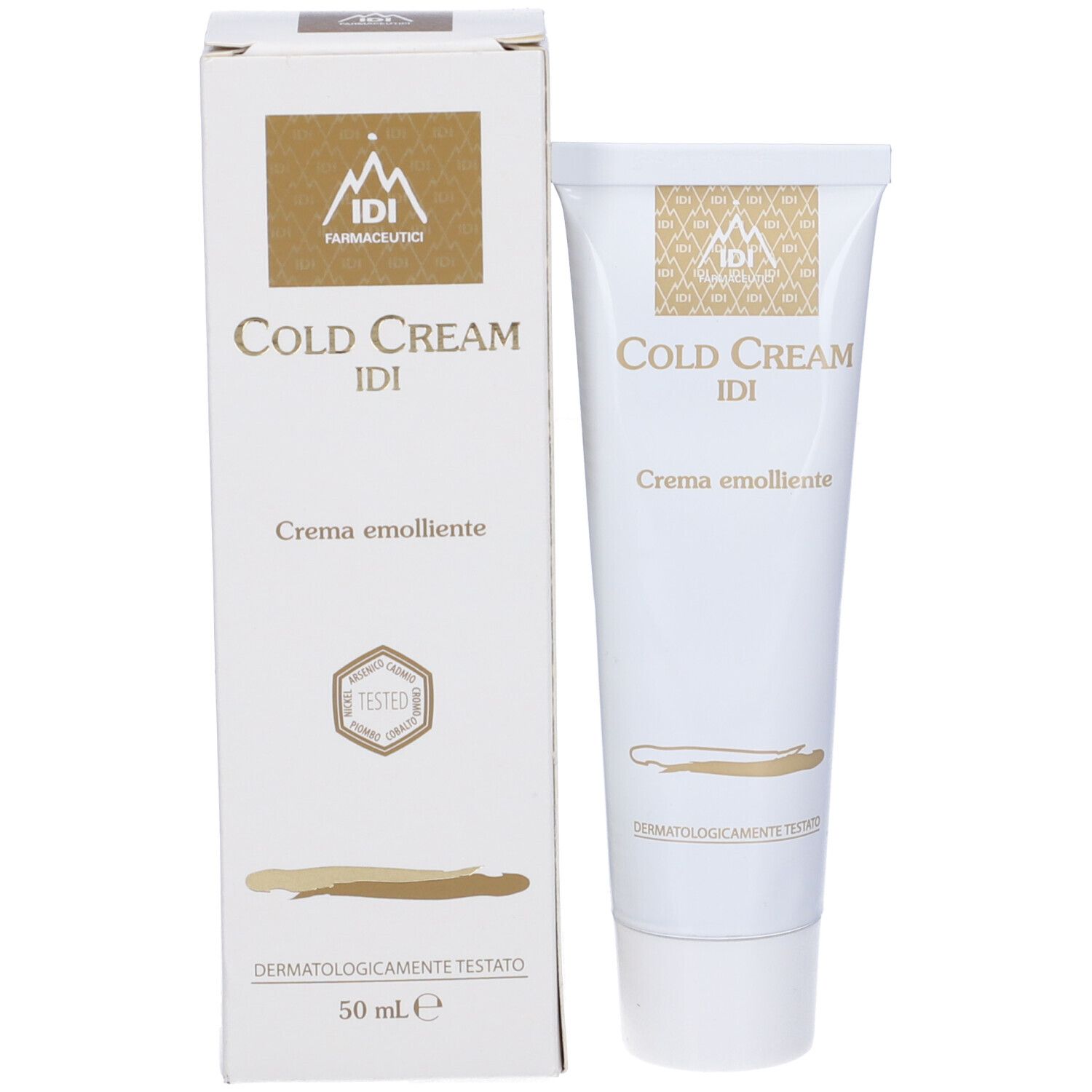 Tubo e scatola. Scritto: Cold Cream IDI, Creme emolliente. Dermatologicamente testato. 50 ml.