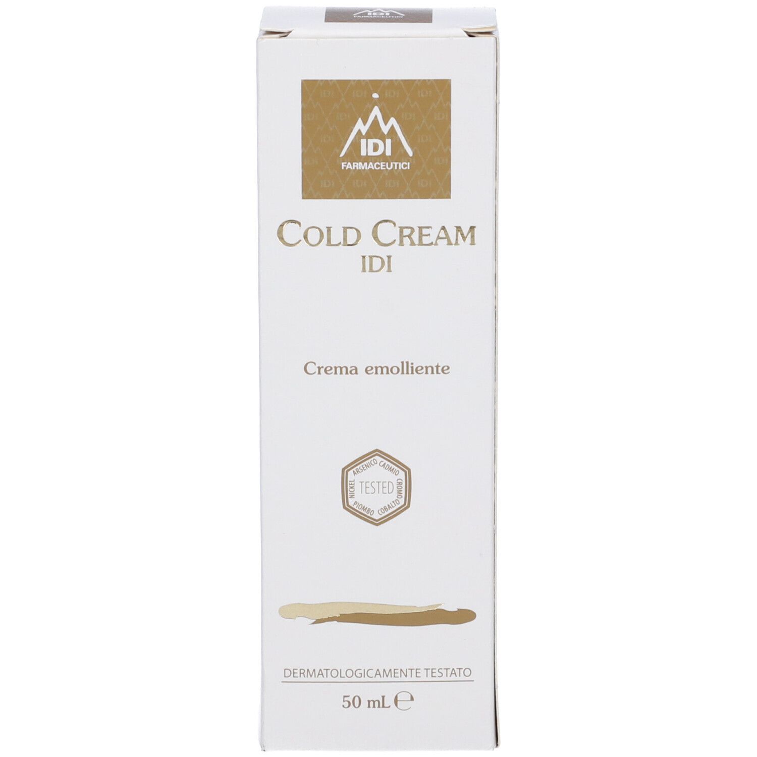 Scatola con scritta: Cold Cream IDI, Creme emolliente. Dermatologicamente testato. 50 ml.