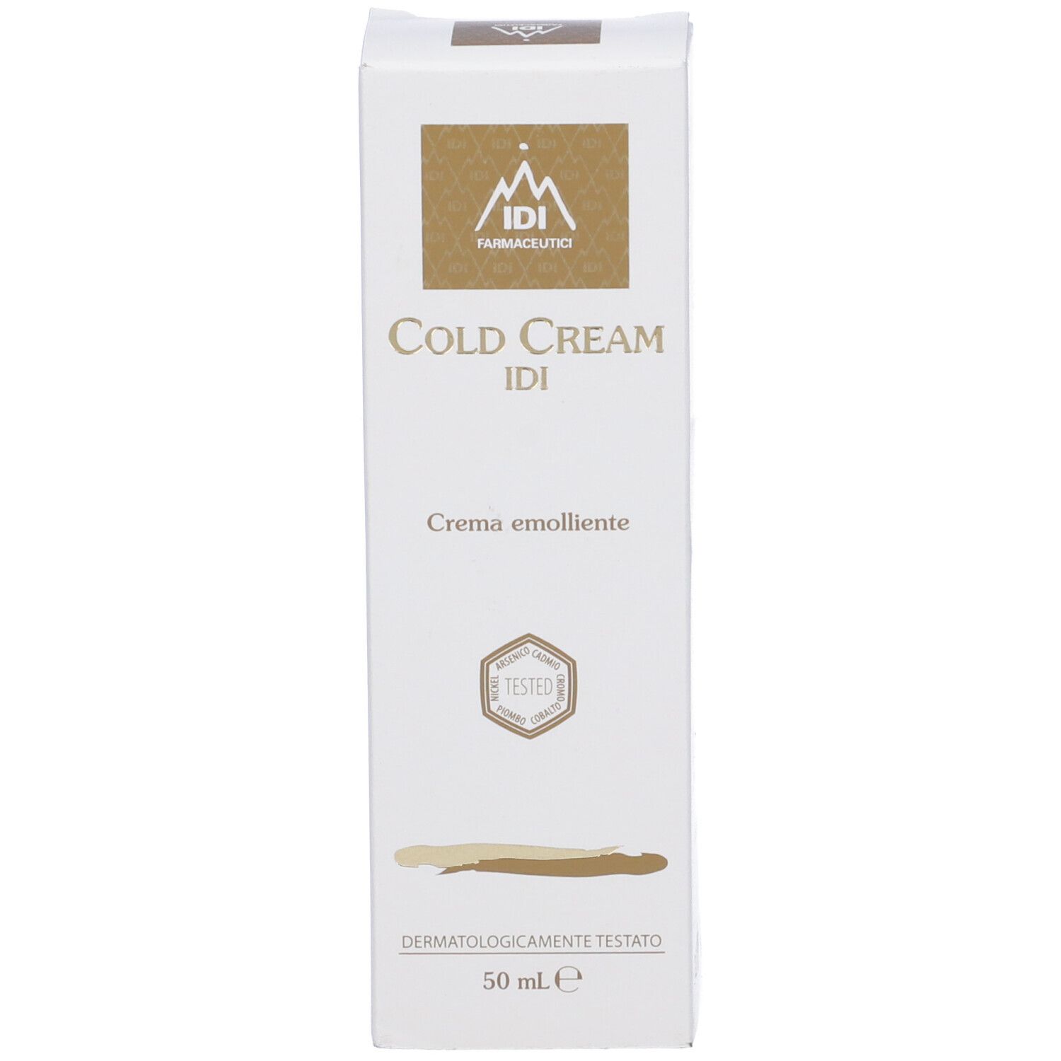 Scatola con scritta: Cold Cream IDI, Creme emolliente. Dermatologicamente testato. 50 ml.