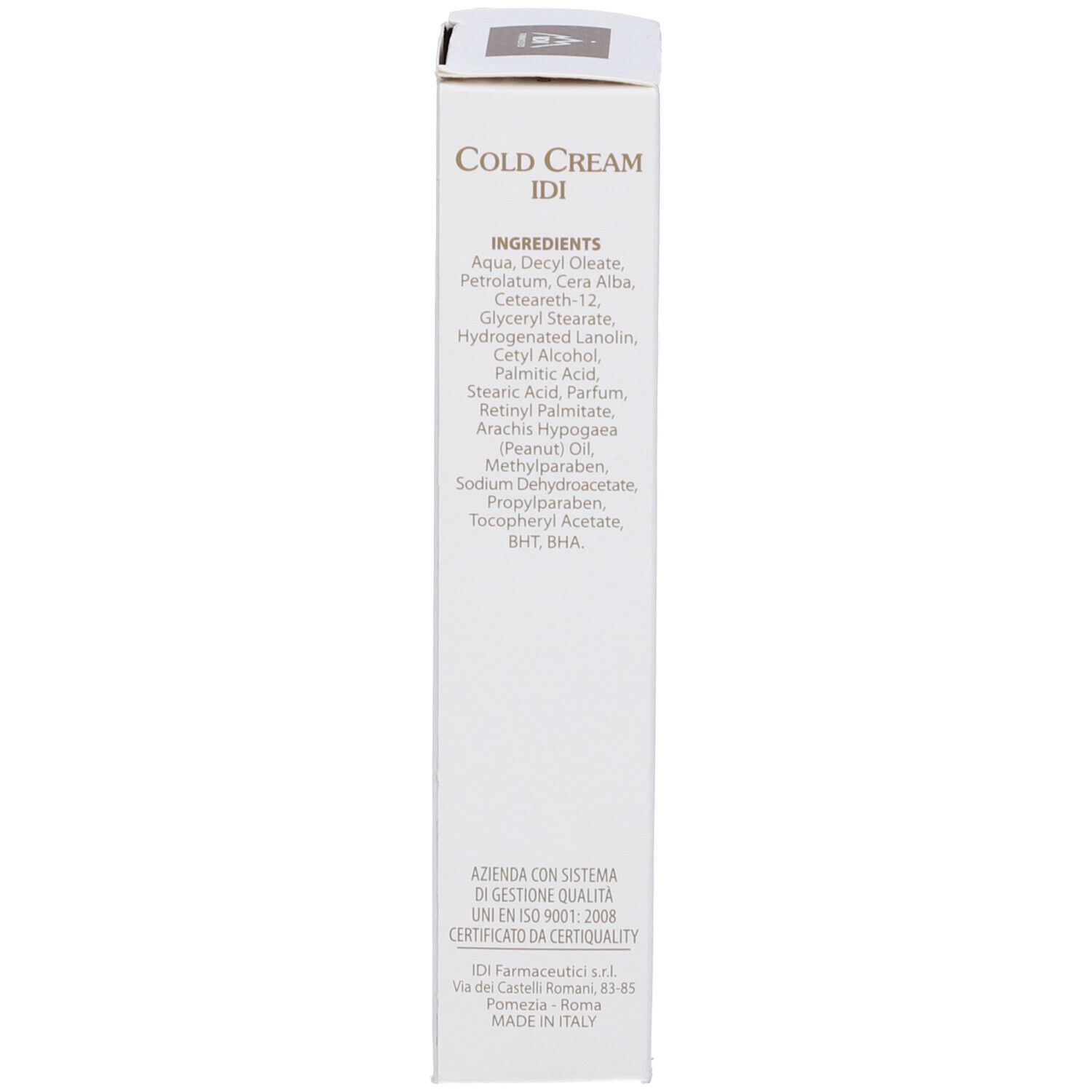 Scatola, lato con ingredienti e testo: Cold Cream IDI. Made in Italy. Certificazione.